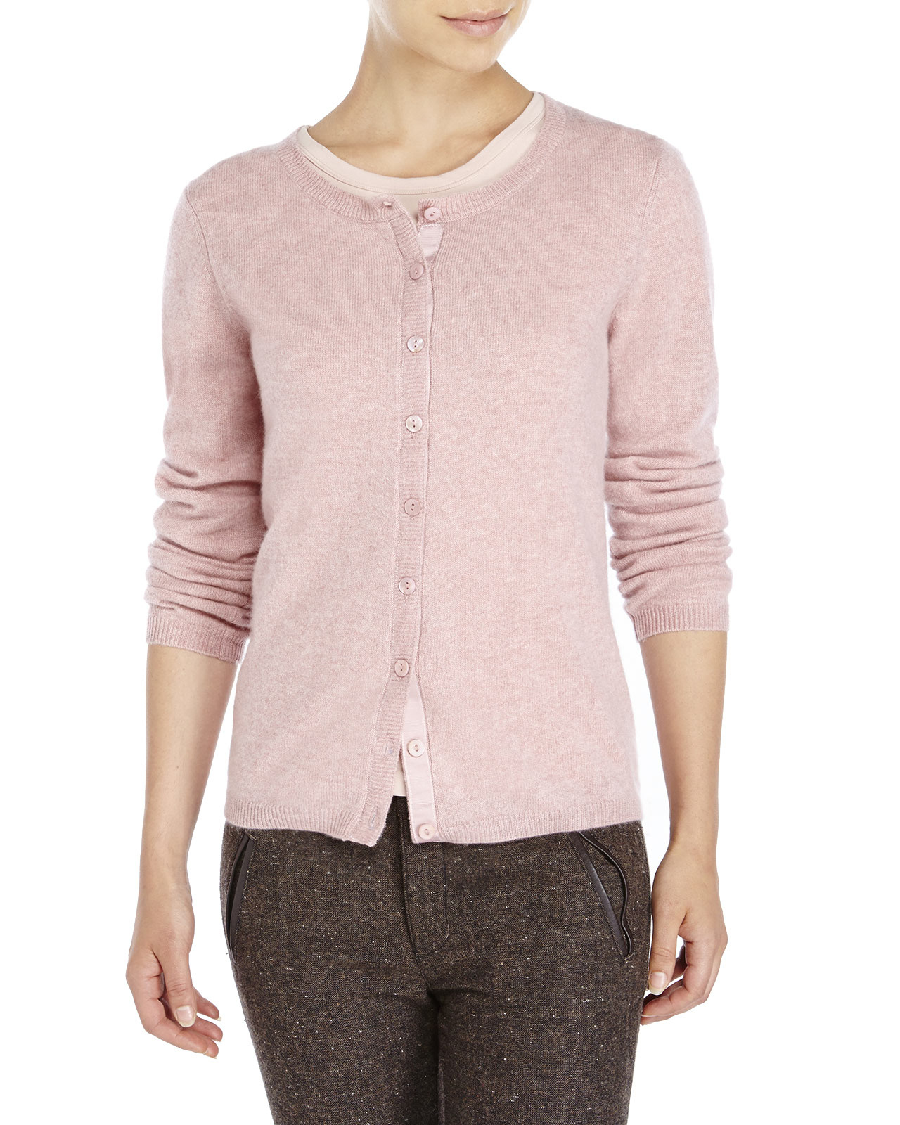 Qi Crew Neck Knit Cashmere Cardigan  in Pink  Dusty  Rose  