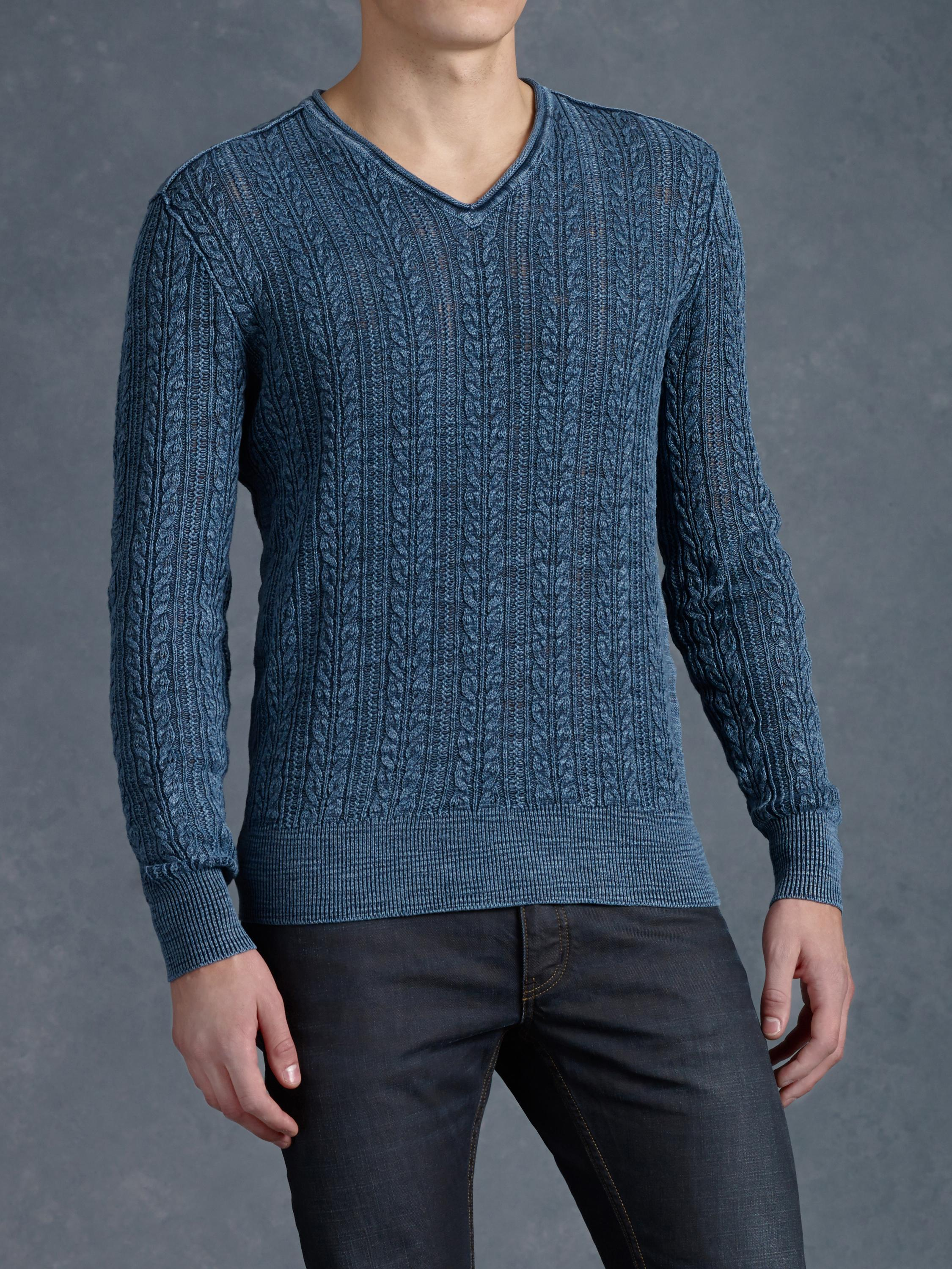 Lyst - John Varvatos V-Neck Cable Knit Sweater in Blue for Men