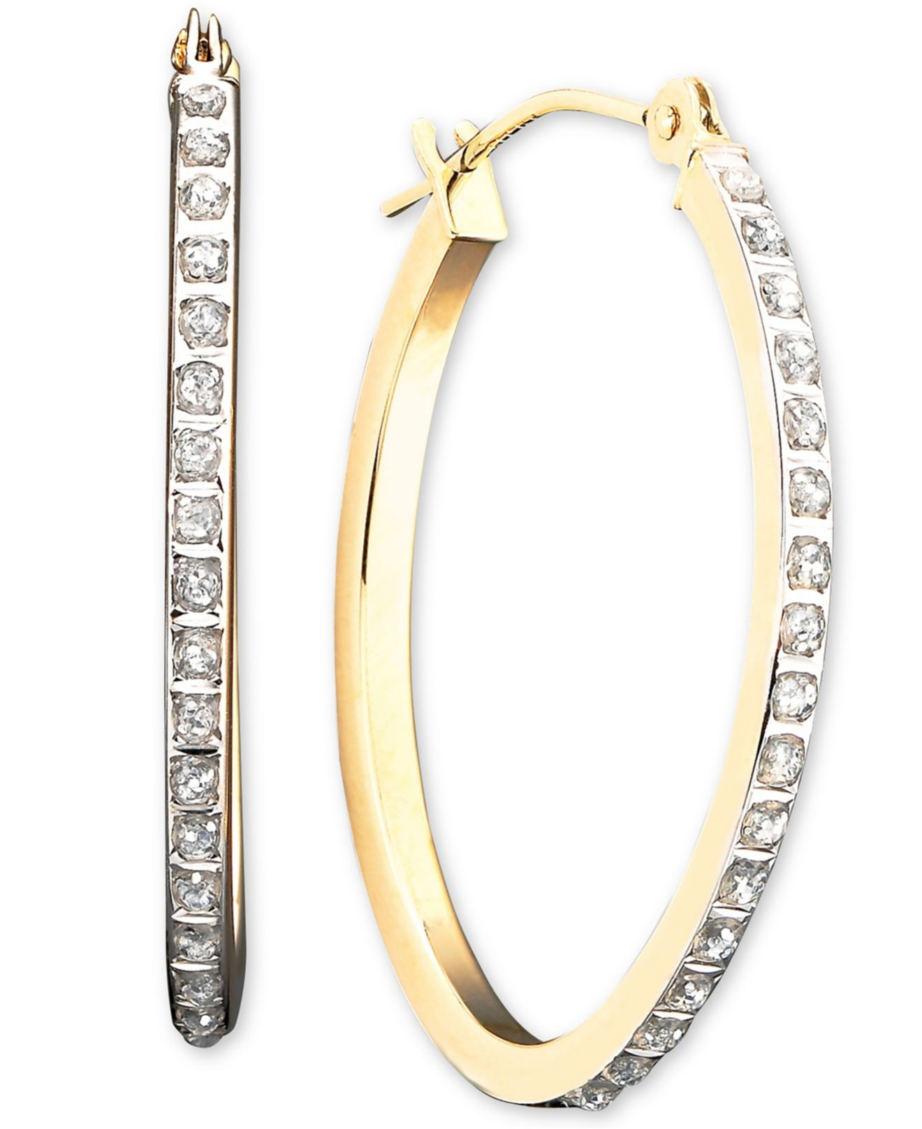 Macy&#39;s 14k White Or Yellow Gold Earrings, Diamond Accent Oval Hoop Earrings in Metallic (Yellow ...