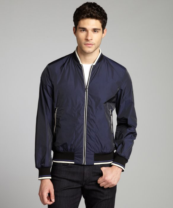 Lyst - Prada Navy and White Zip Front Knit Trimmed Bomber Jacket in ...