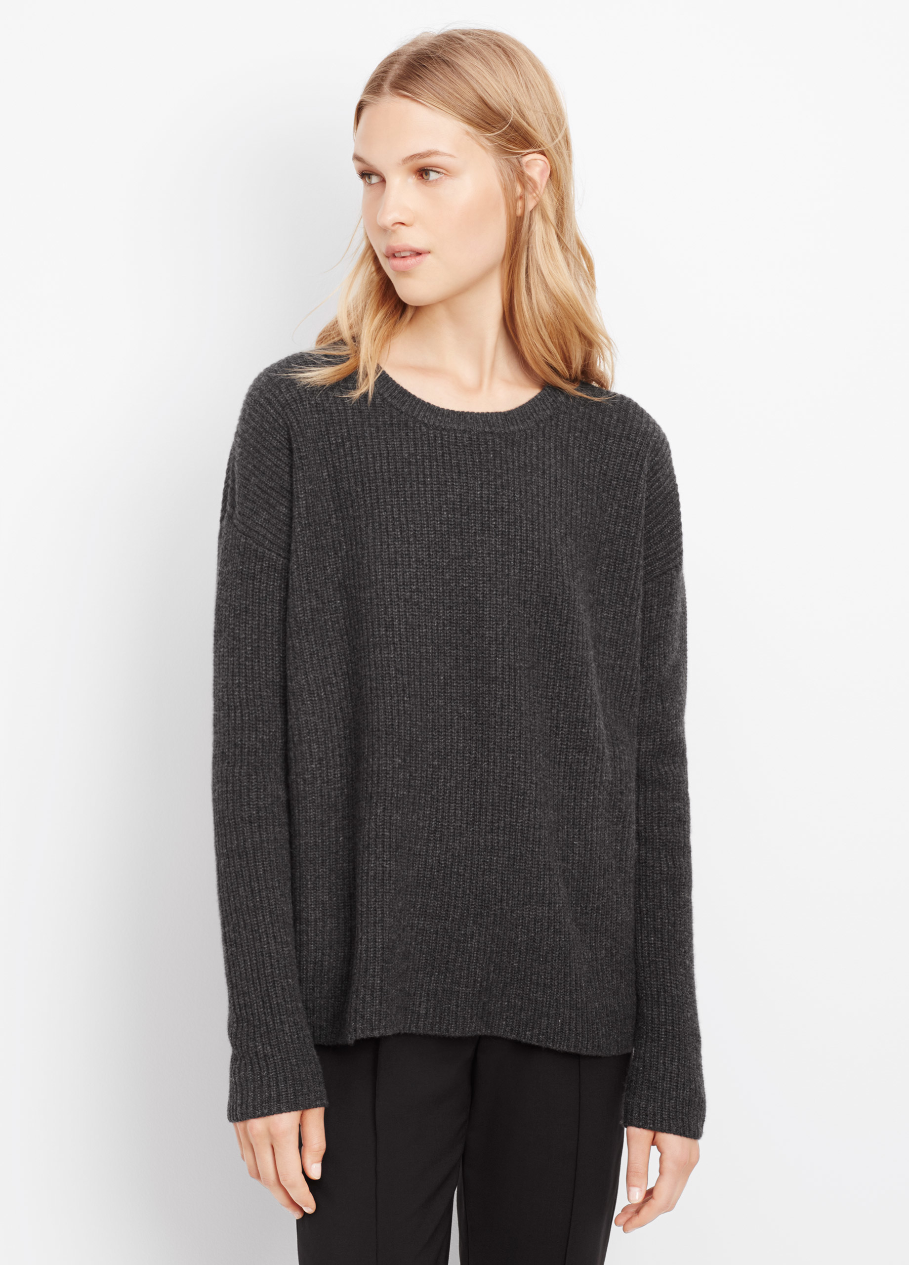 Lyst - Vince Cashmere Ribbed Crew Neck Sweater in Gray