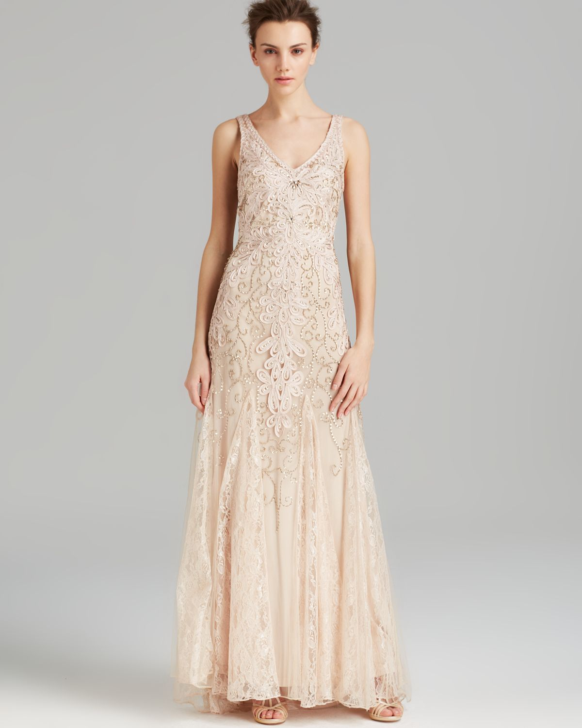 Lyst - Sue wong Gown - Double V Neck Soutache in Natural
