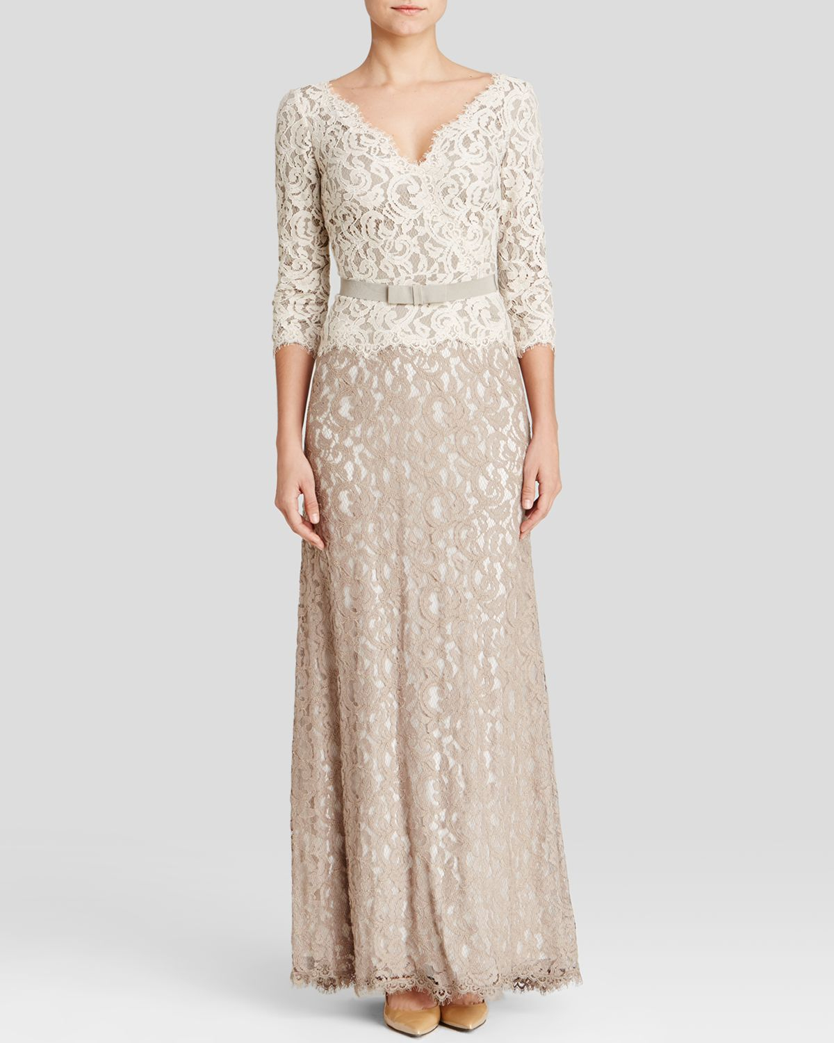 Tadashi shoji Gown - Three-quarter Sleeve Lace Belted in Beige (Latte ...