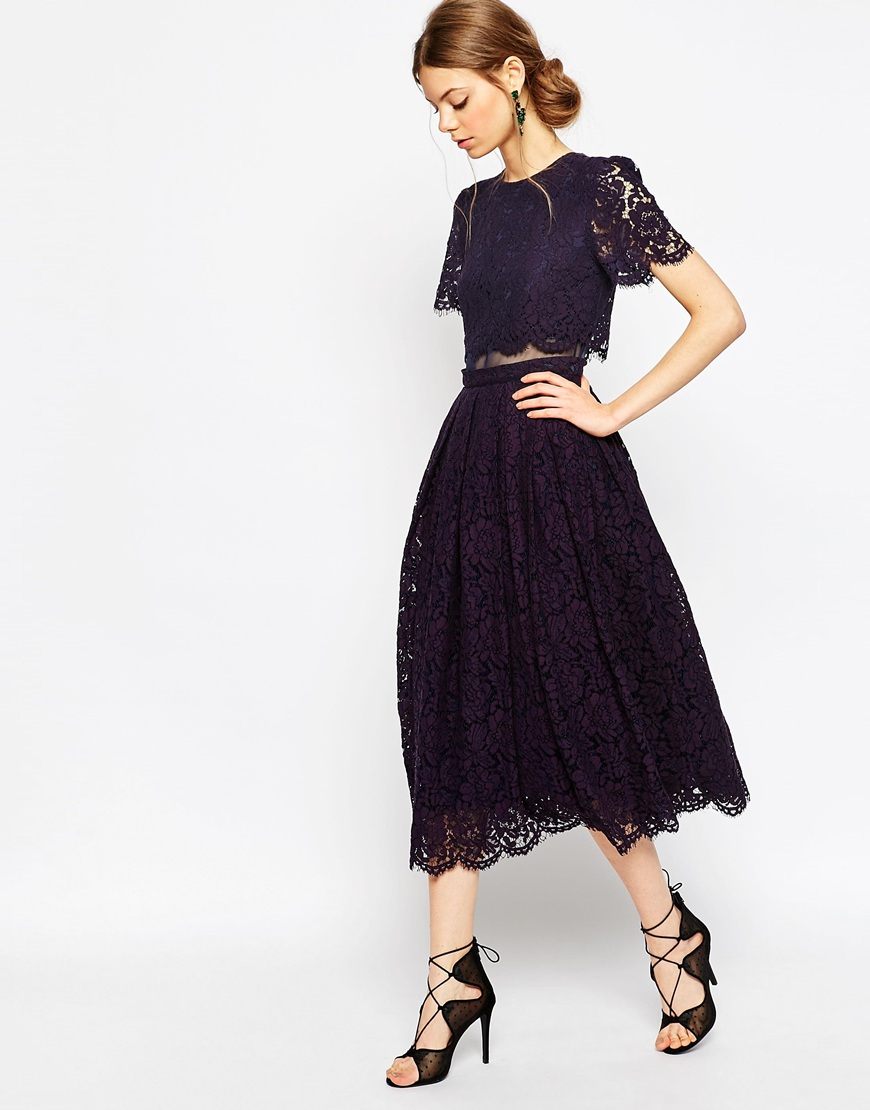 Lyst Asos  Lace Crop Top Midi Prom  Dress  in Black 