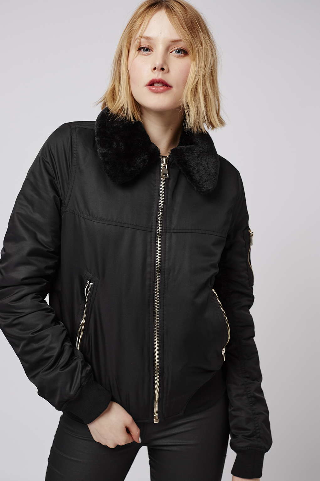 Top Tall Faux Fur Collar Ma1 Er Jacket In Black Lyst Gallery