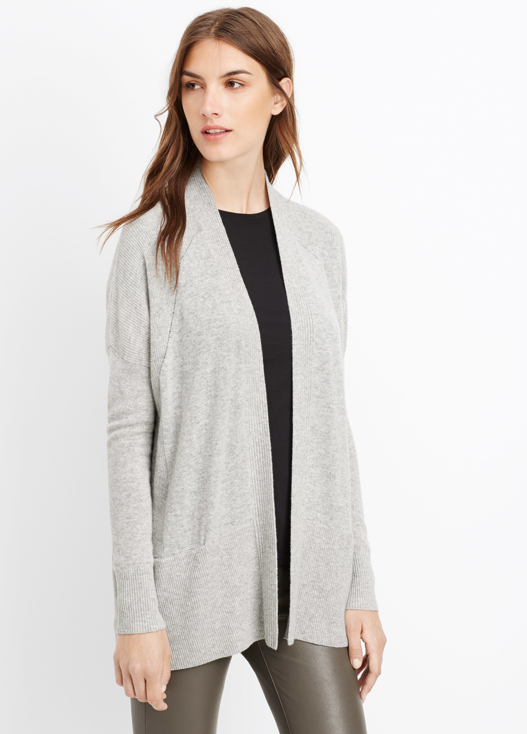Vince Cashmere Pointelle Trim Open Front Cardigan in Gray (Heather ...