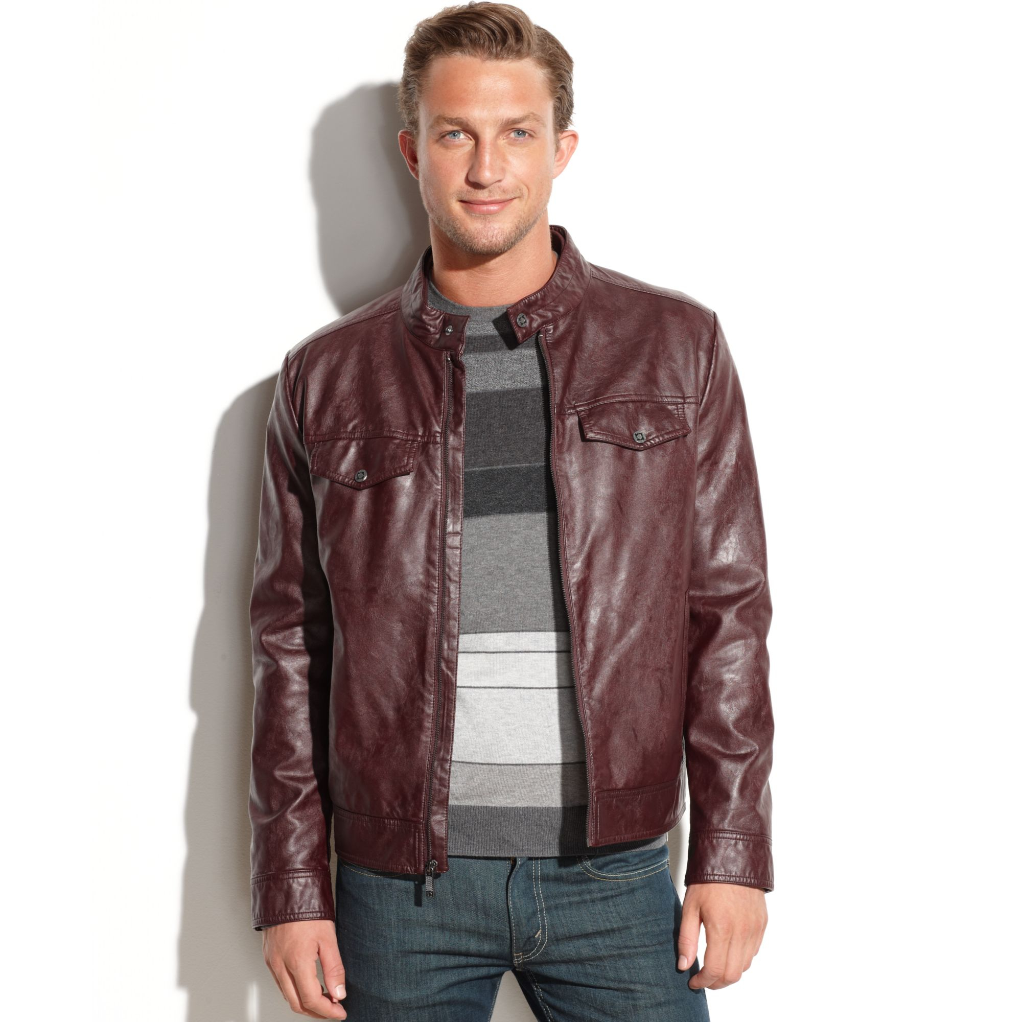 Kenneth Cole Four-Pocket Faux Leather Moto in Red for Men (Burgundy) | Lyst