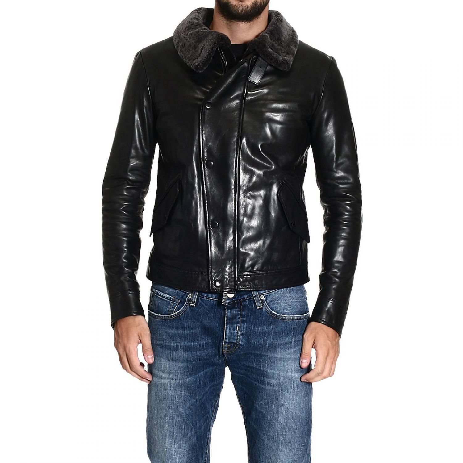 Giio Armani Down Jacket Leather With Sheepskin Neck In Gallery
