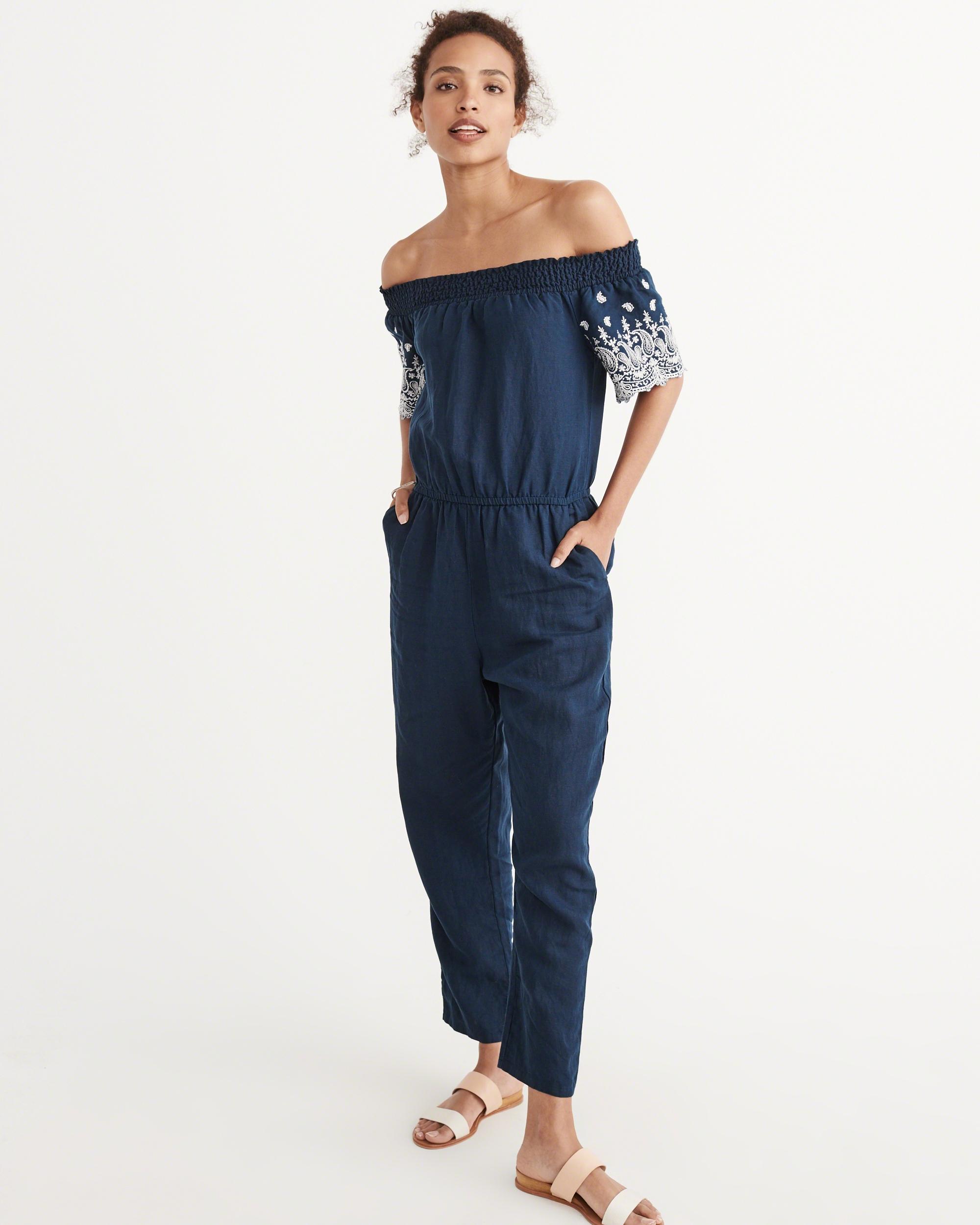 Abercrombie & fitch Embroidered Off-the-shoulder Jumpsuit in Blue | Lyst