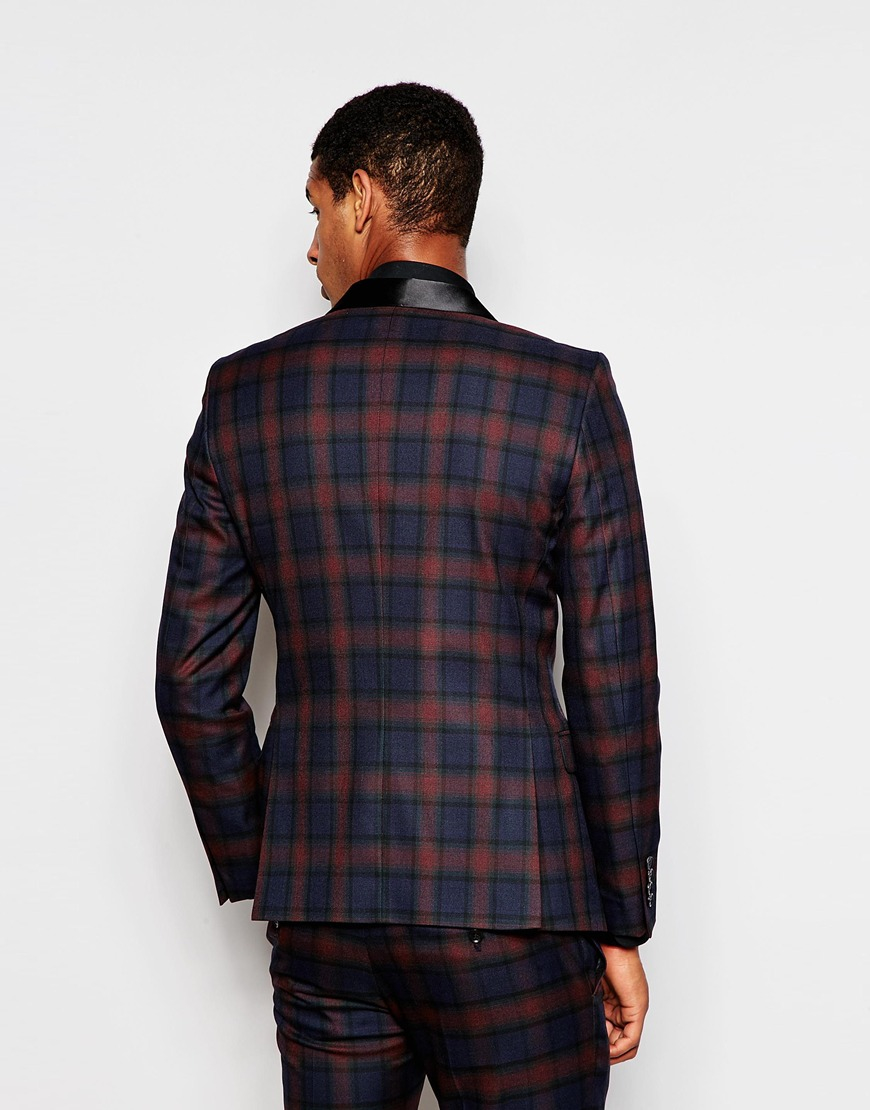 Lyst - SELECTED Tonal Tartan Tuxedo Jacket In Skinny Fit in Blue for Men