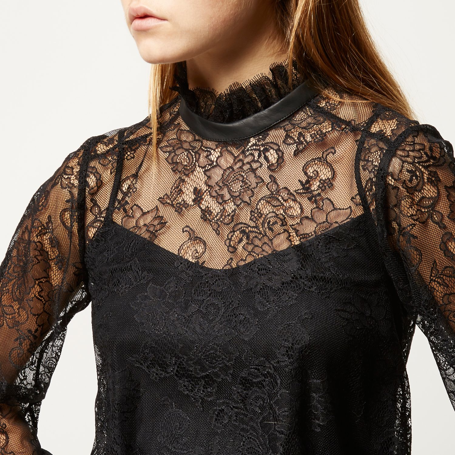 River Island Black Lace Victoriana High Neck Blouse in Black - Lyst