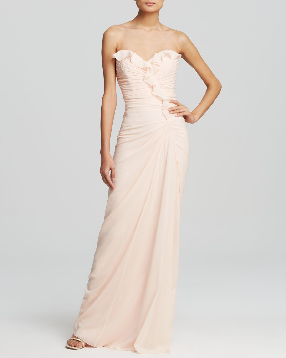 badgley mischka strapless ruffle gown