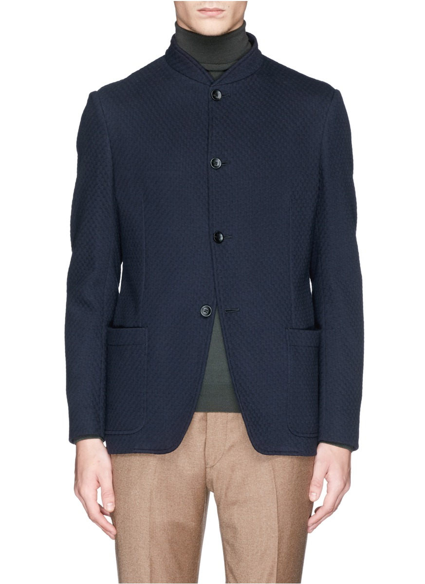 Lyst - Armani Basketweave Cotton Knit Mandarin Collar Jacket in Blue ...