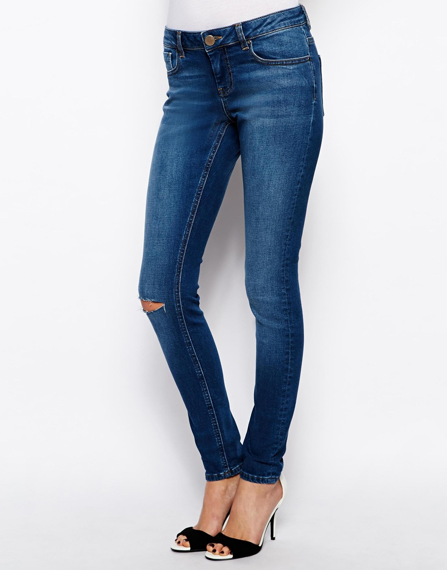 Asos Whitby Low Rise Skinny Jeans In Arizona Dark Wash Blue With Ripped ...
