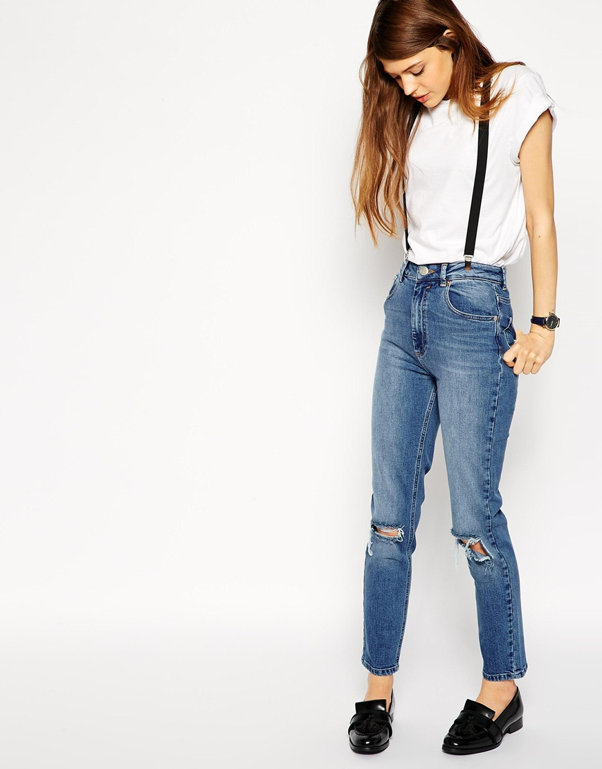 Asos Farleigh High Waist Slim Mom Jeans In Vintage Wash With Busted Knees In Blue Midwash Lyst