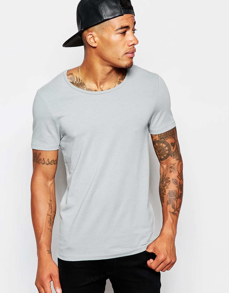 Lyst - Asos Muscle Fit T-shirt With Scoop Neck And Stretch in Gray for Men