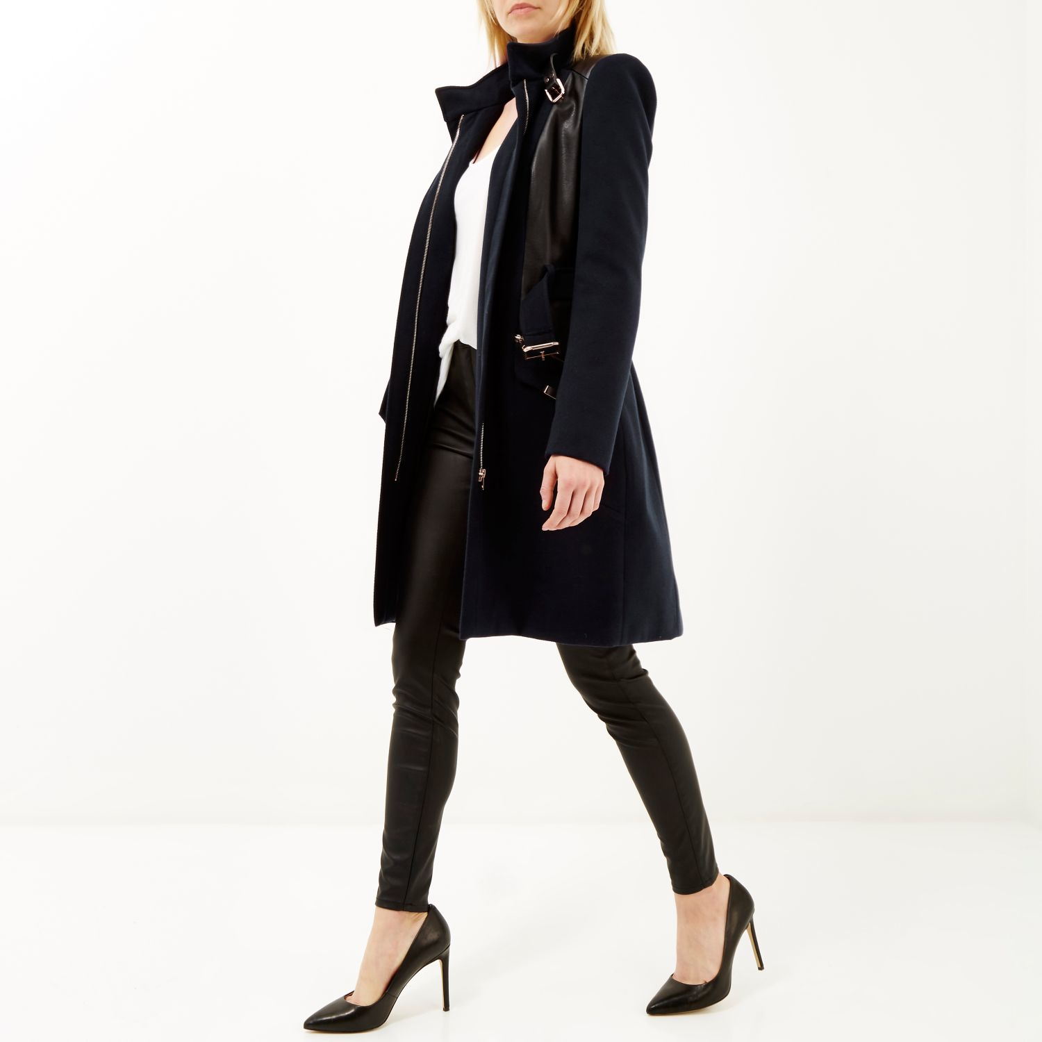 River island Navy Structured Belted Military Coat in Blue | Lyst