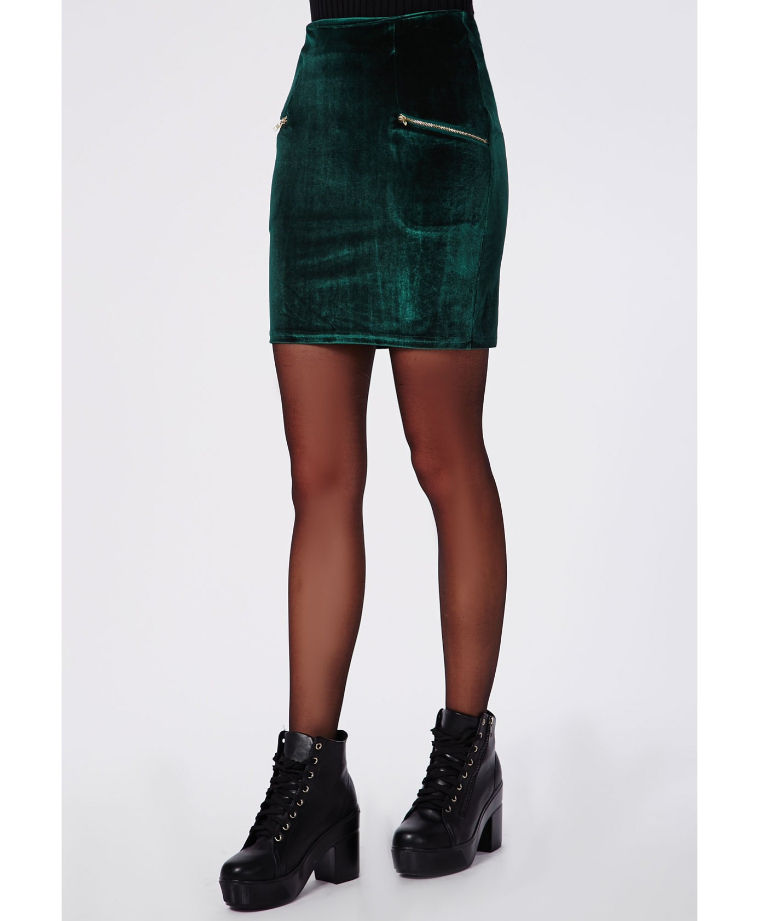 Lyst - Missguided Velvet Zip Detail Mini Skirt Dark Green in Green