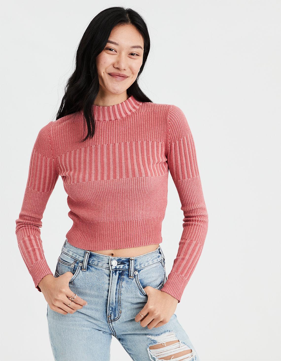 Download Lyst - American Eagle Ae Ribbed Mock Neck Pullover Sweater in Pink