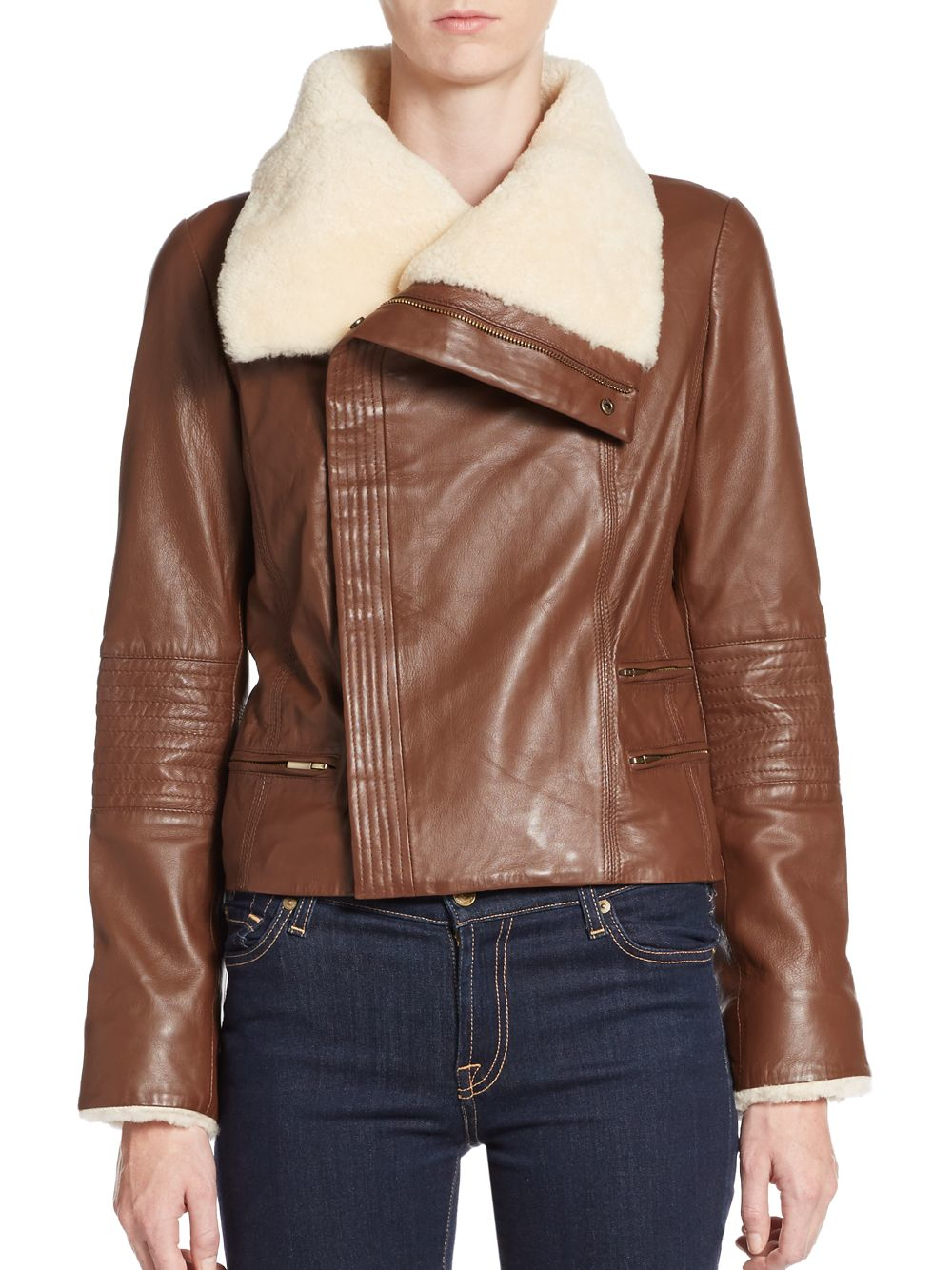Lyst - Badgley mischka Shearling-trimmed Leather Jacket in Brown