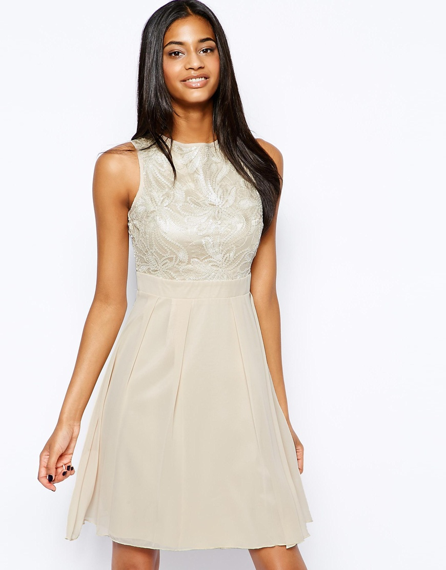 Lyst - Little Mistress Floral Sequin Babydoll Prom Dress in Natural