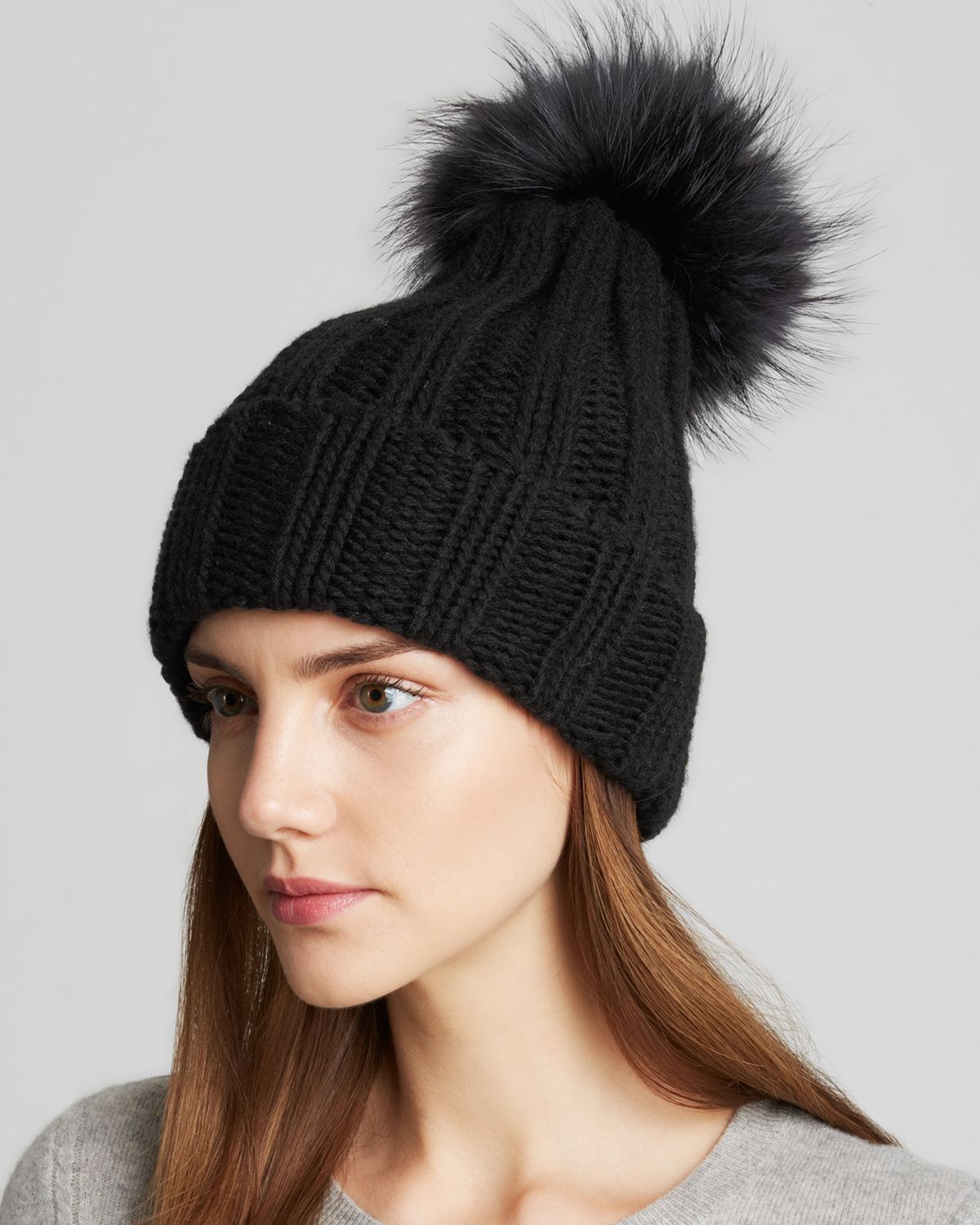 womens winter hat with fur pom pom