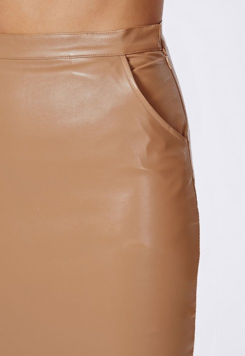 Missguided Mariota Faux Leather Pencil Skirt Camel in Natural | Lyst