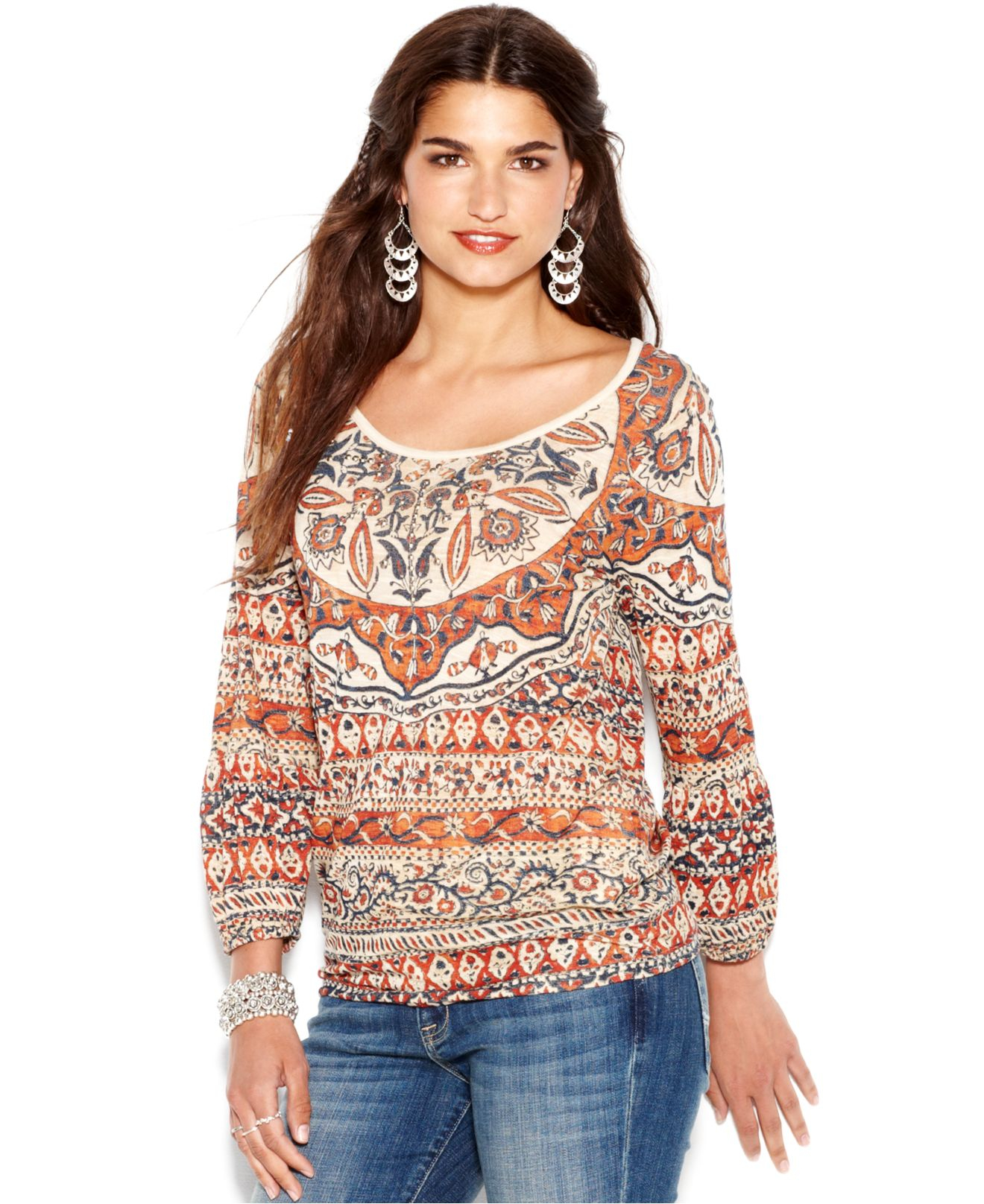 Lucky brand jeans Lucky Brand Three-Quarter-Sleeve Printed Peasant Top in Orange (Multi) | Lyst