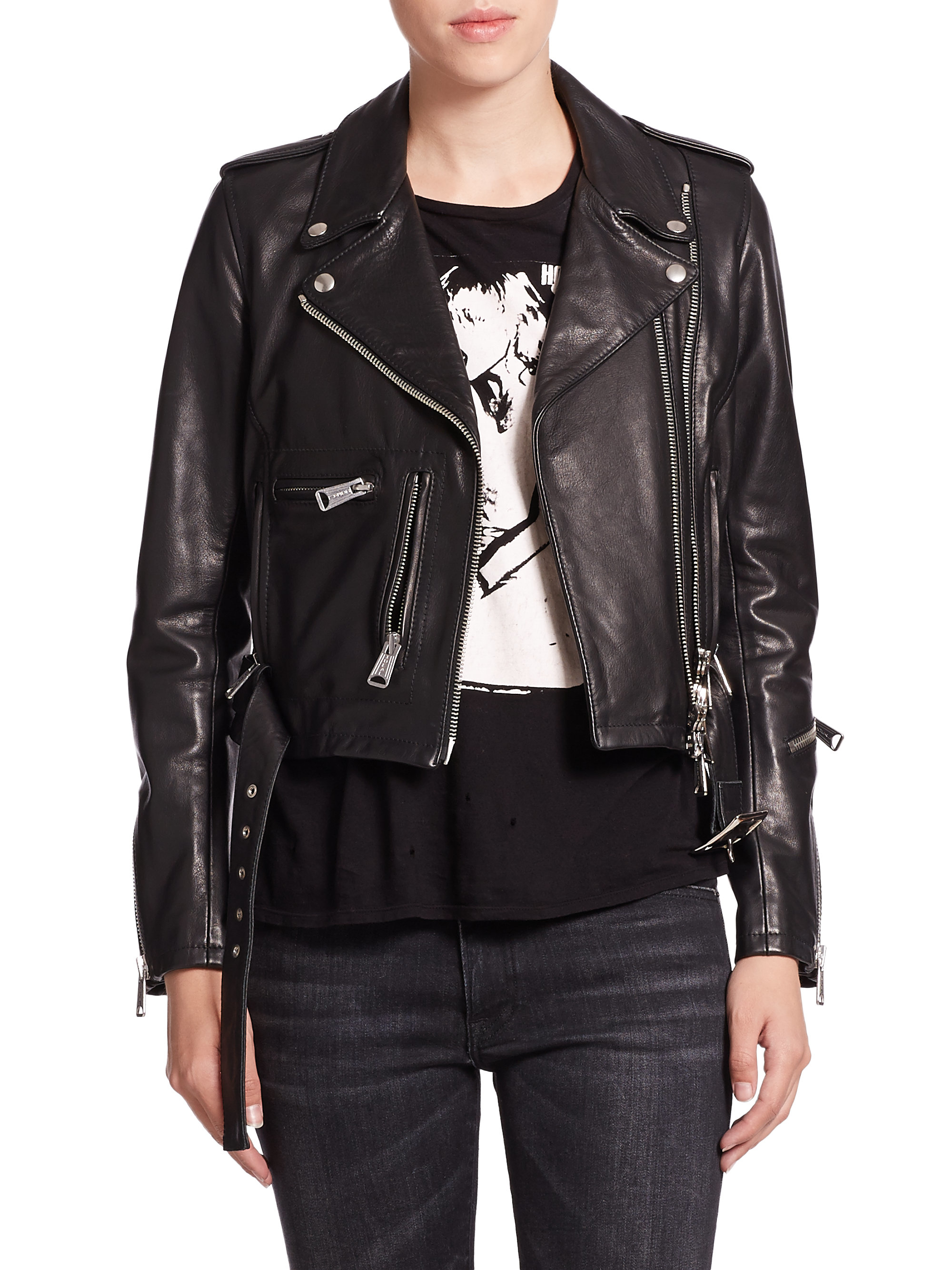 Lyst R13 Cropped Classic Leather Moto Jacket In Black Gallery