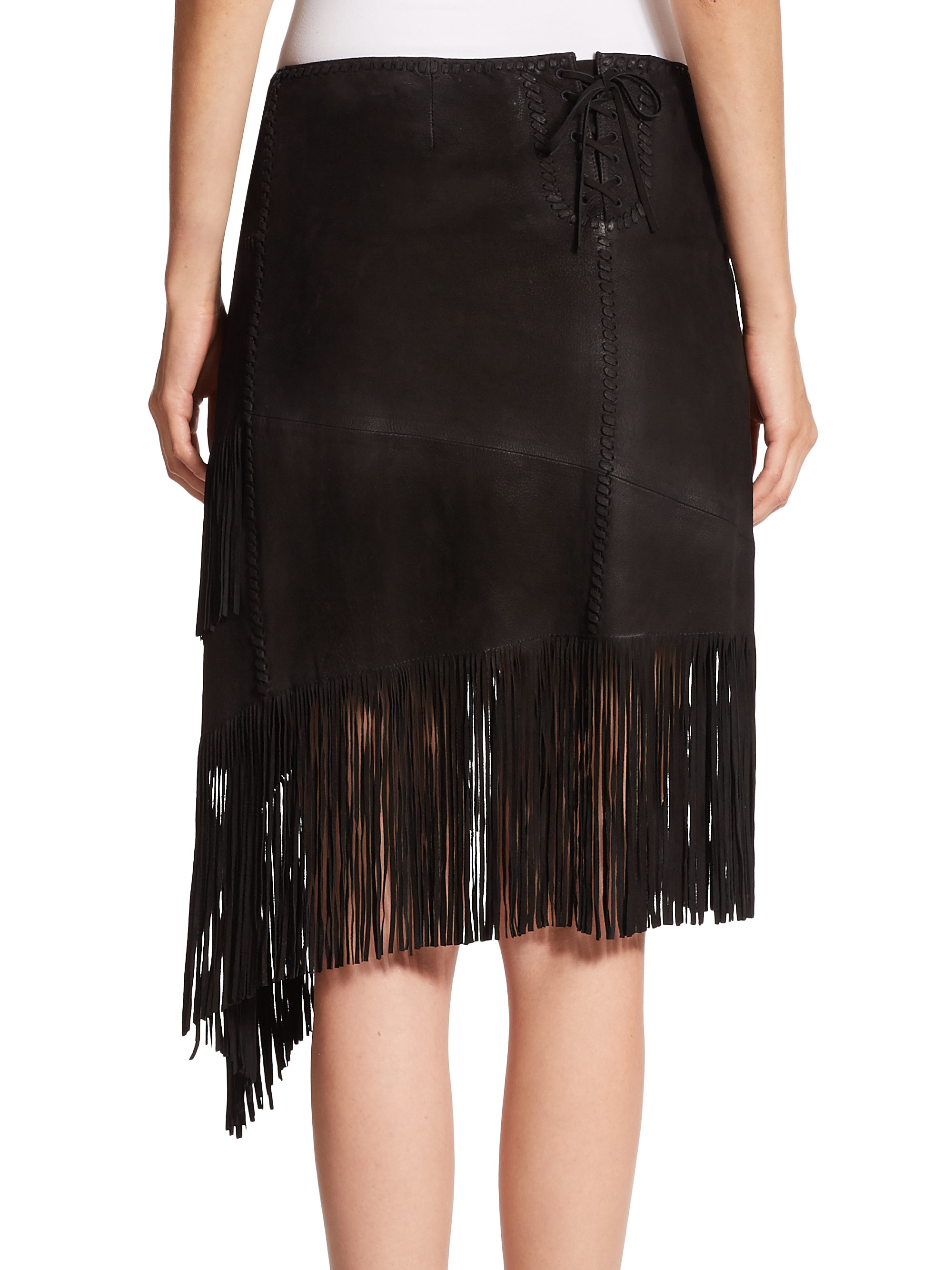 Polo ralph lauren Fringed Leather Skirt in Black | Lyst