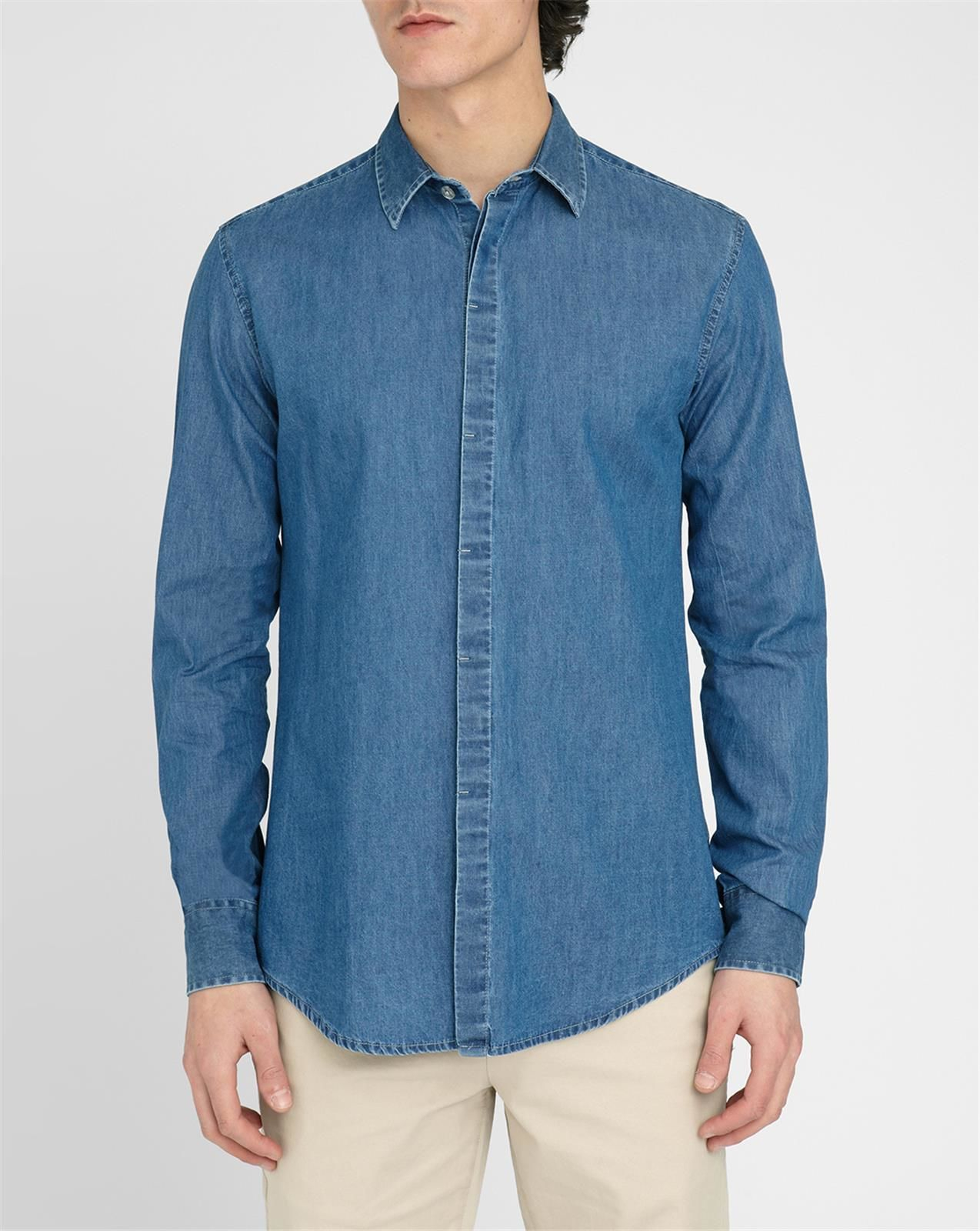 M.studio Ross Chambray Cotton Slim-fit Hidden Button-placket Shirt in ...