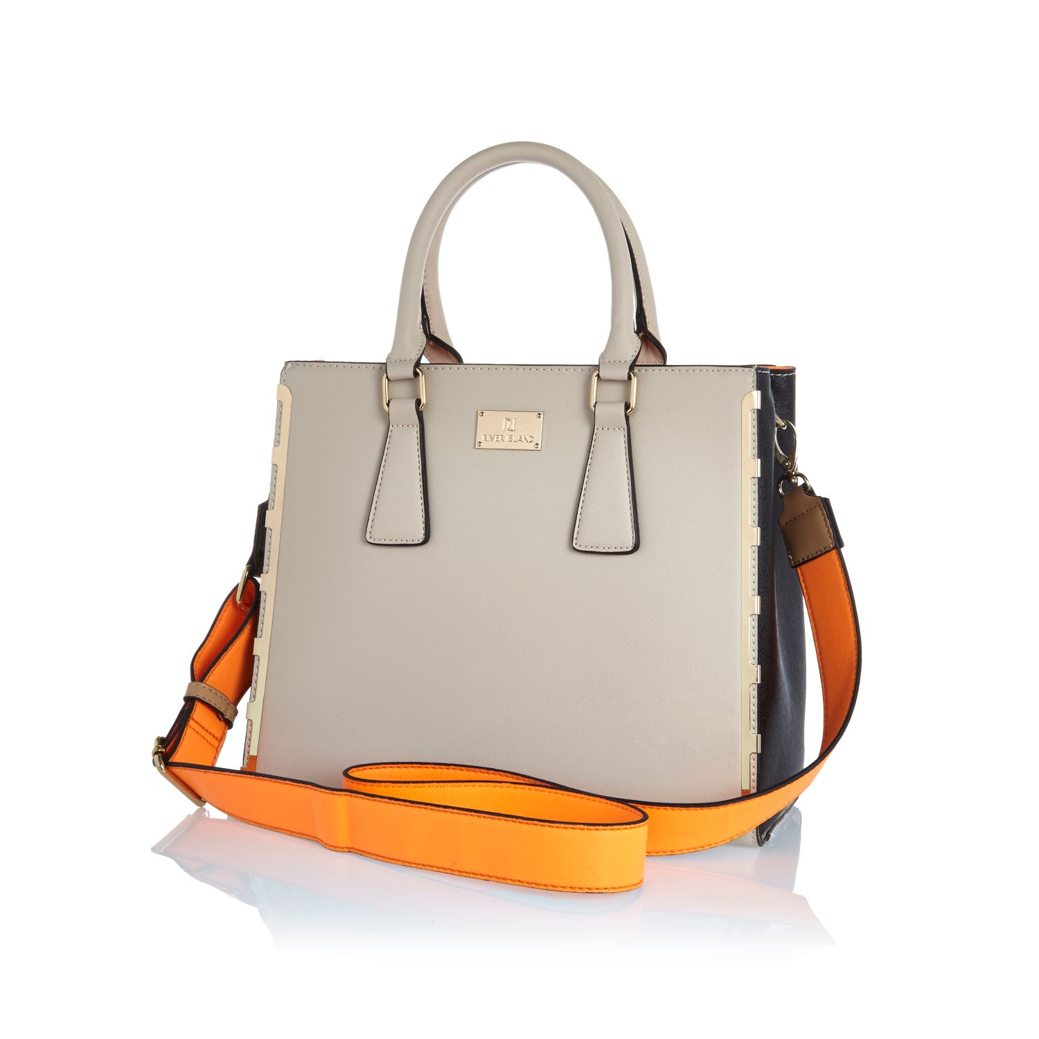 River island Grey Contrast Panel Neon Strap Tote Bag in Gray (grey) Lyst