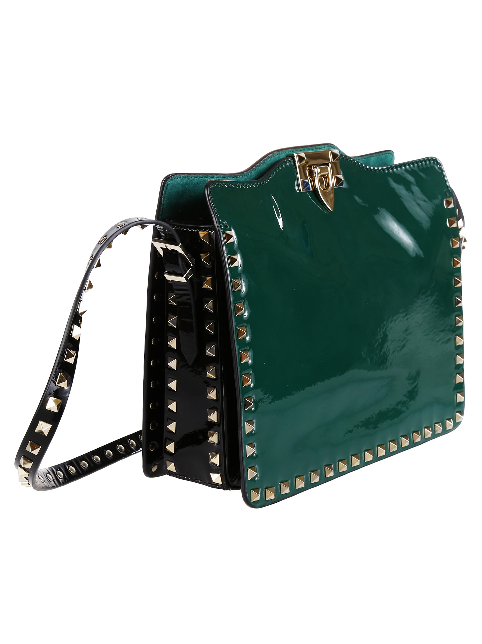 Valentino Garavani Shoulder Bag Rockstud Green And Black Shiny Leather