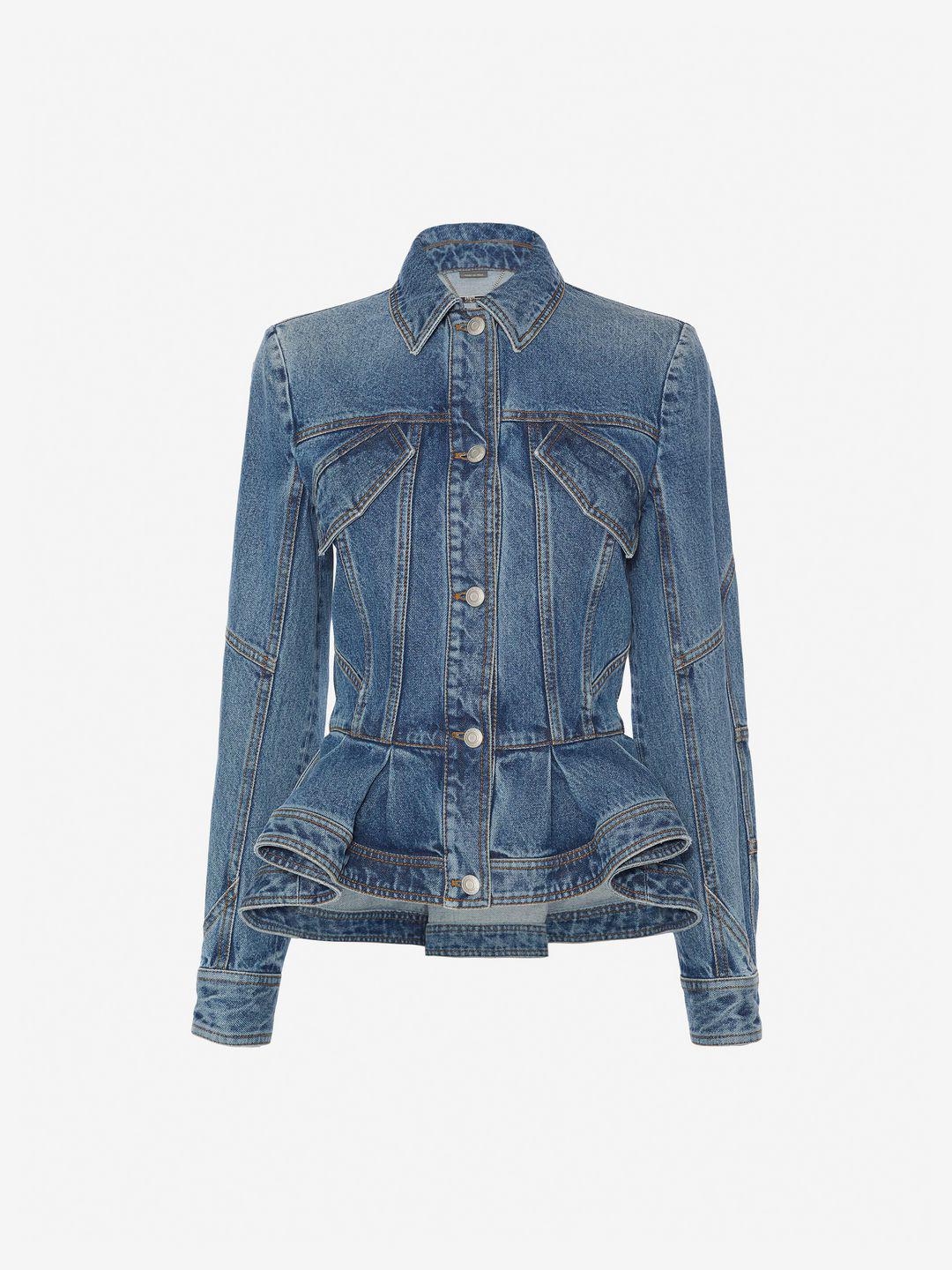 Lyst - Alexander Mcqueen Vintage Wash Denim Peplum Jacket in Blue