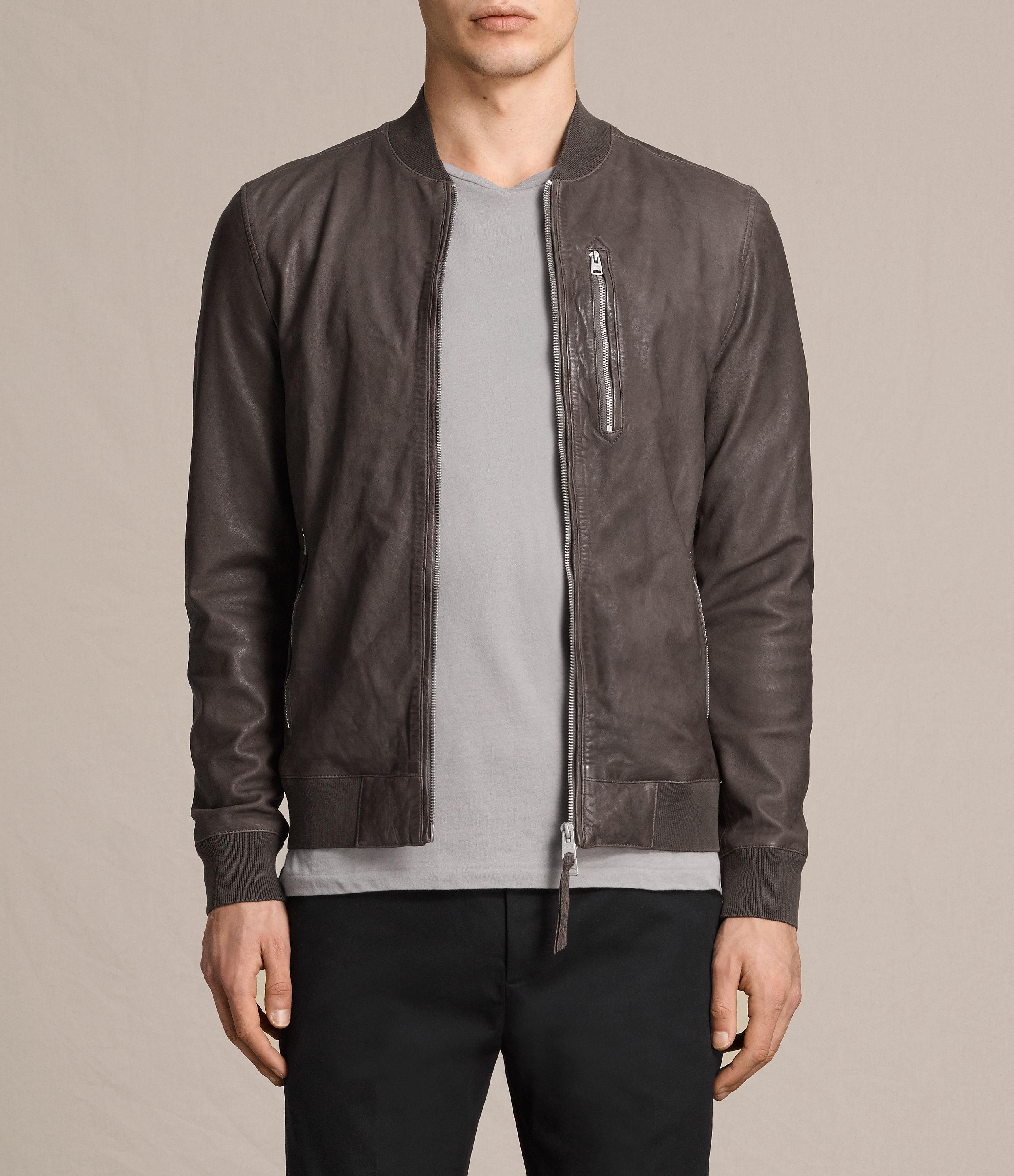 AllSaints Kino Leather Bomber Jacket in Gray for Men - Lyst