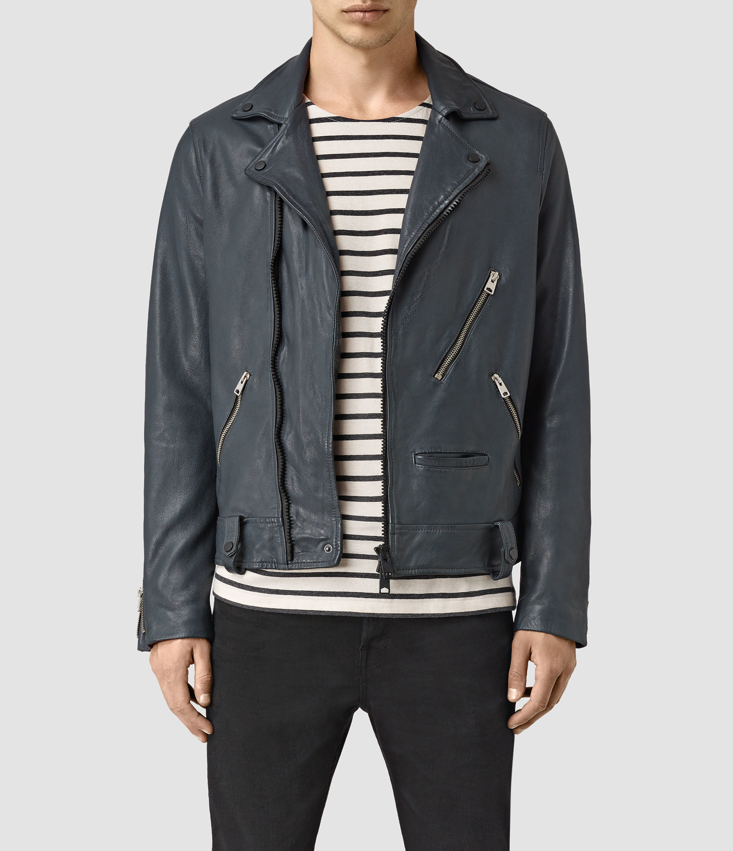 Allsaints Kenta Leather Biker Jacket in Blue for Men | Lyst