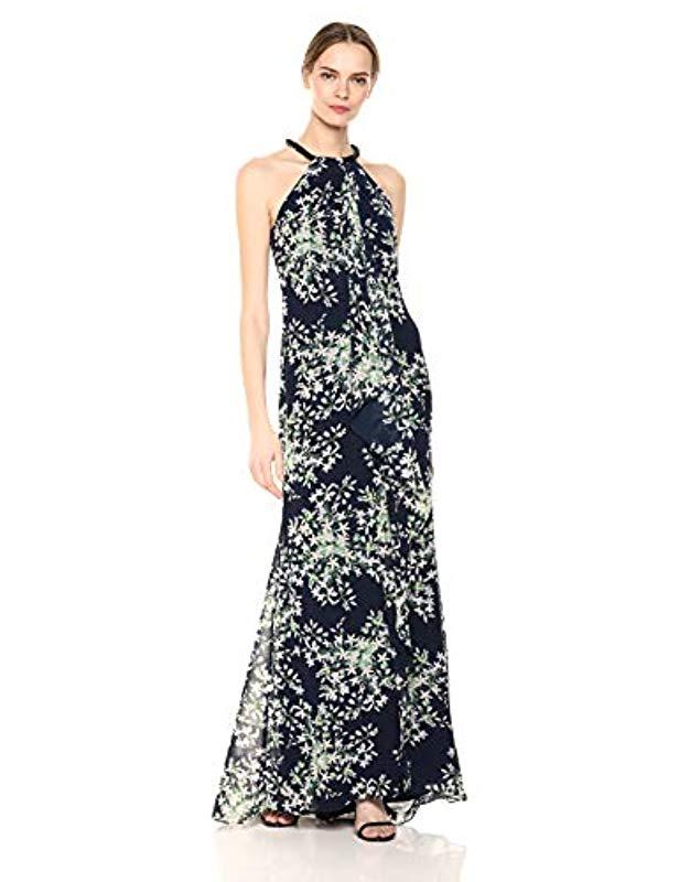 Lyst - Calvin Klein Halter Neck Gown With Draped Front & Beading in Blue