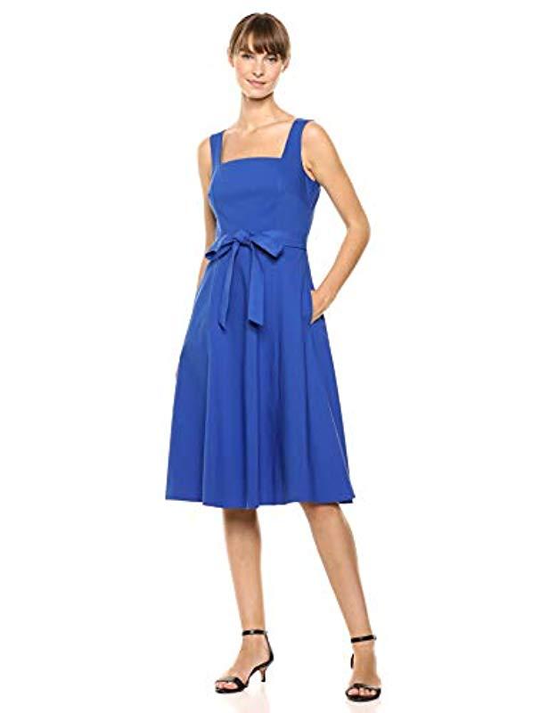 Calvin Klein Sleeveless Square Neck Fit & Flare With Self Tie Belt Dress in Blue - Lyst