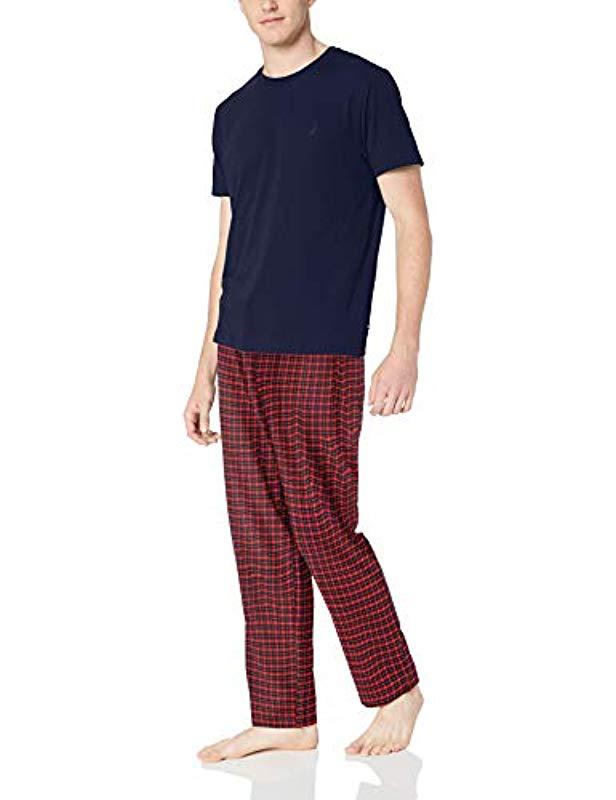 Nautica Short Sleeve Top And Soft Flannel Pajama Pant Pj Set in Blue