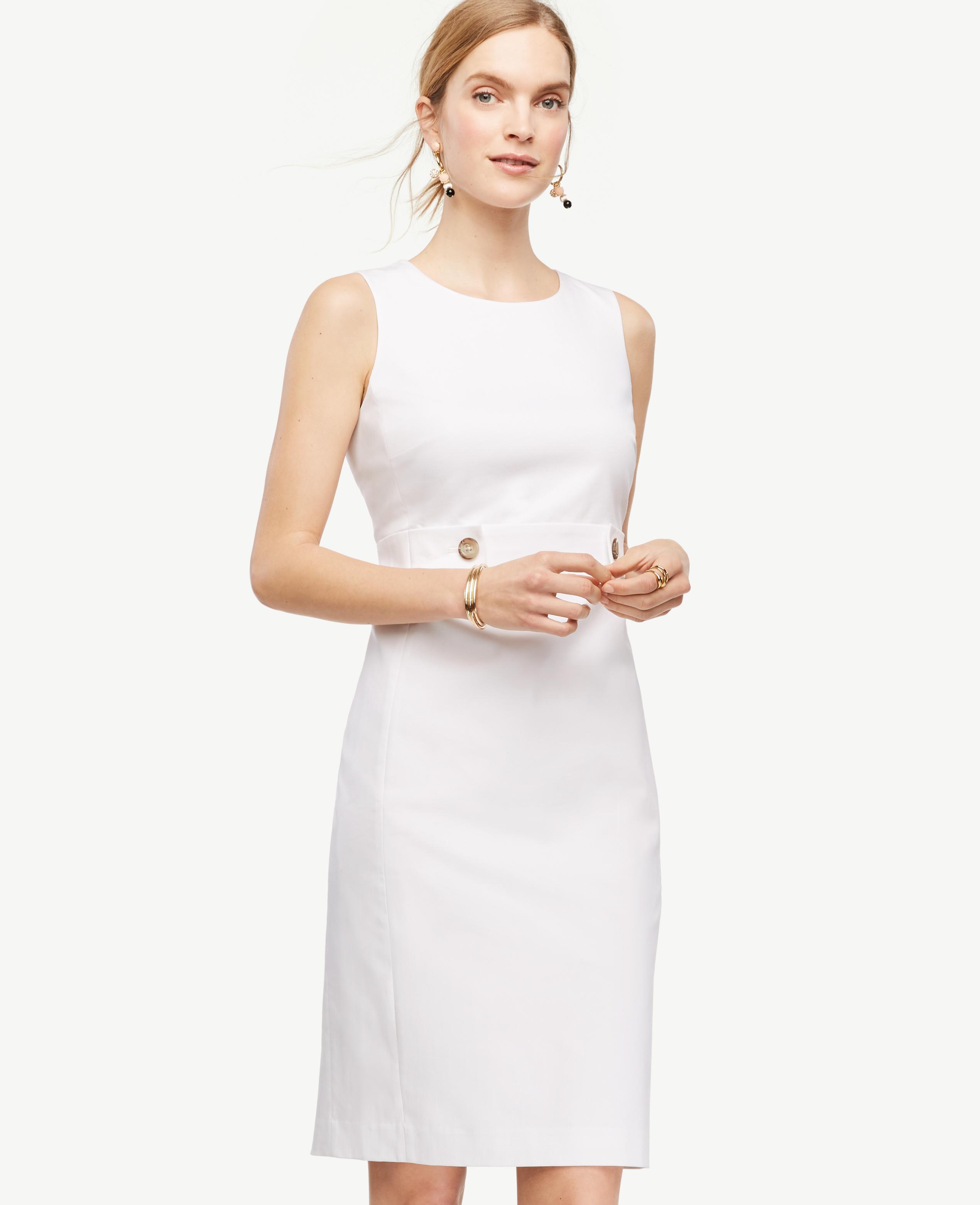 Ann taylor Tall Cotton Sateen Button Tab Sheath Dress in White Lyst