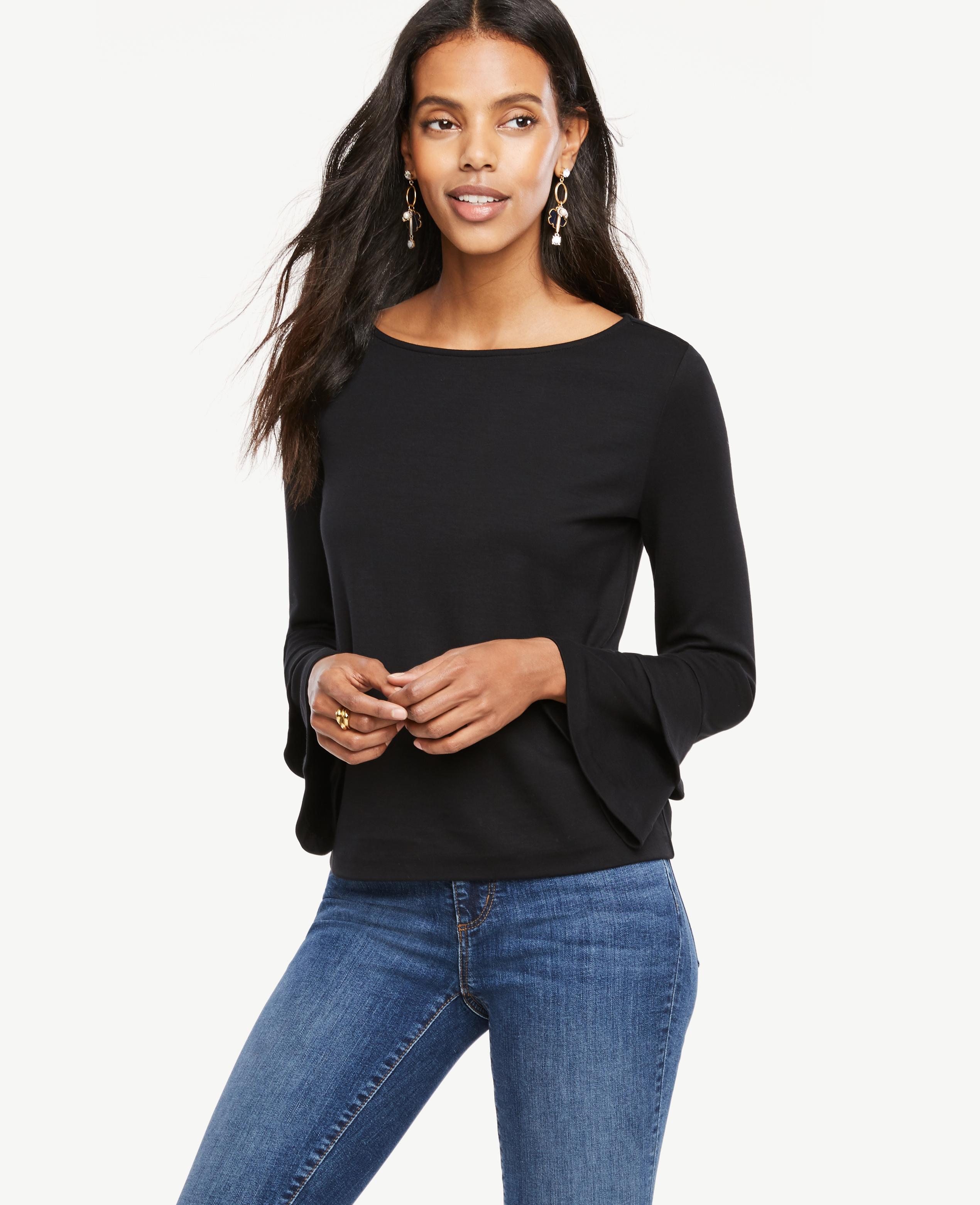 Lyst - Ann Taylor Petite Double Flare Sleeve Top in Black