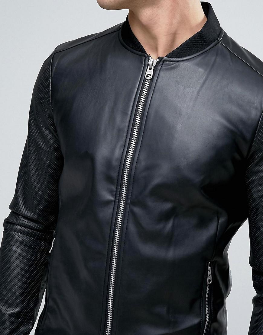 Lyst - Pull&Bear Faux Leather Bomber Jacket With Perforated Sleeves in ...