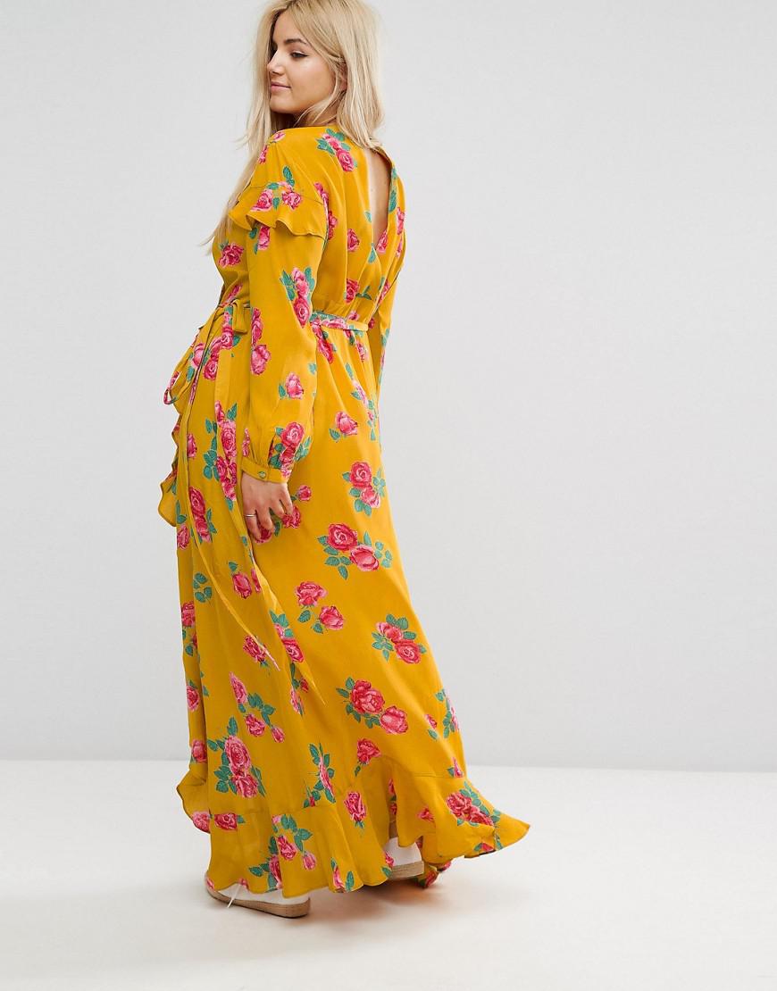 Lyst - Asos Long Sleeve Wrap Maxi Dress In Bold Floral in Yellow