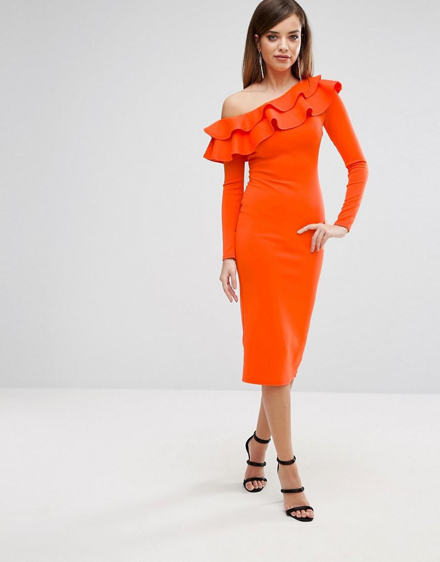 Lyst - Club L One Shoulder Frill Detail Long Sleeve Midi Dress in Orange