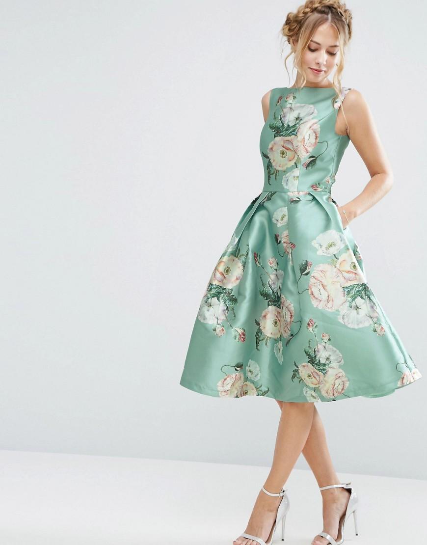 Chi chi london Satin Midi Dress In Floral Print in Green | Lyst