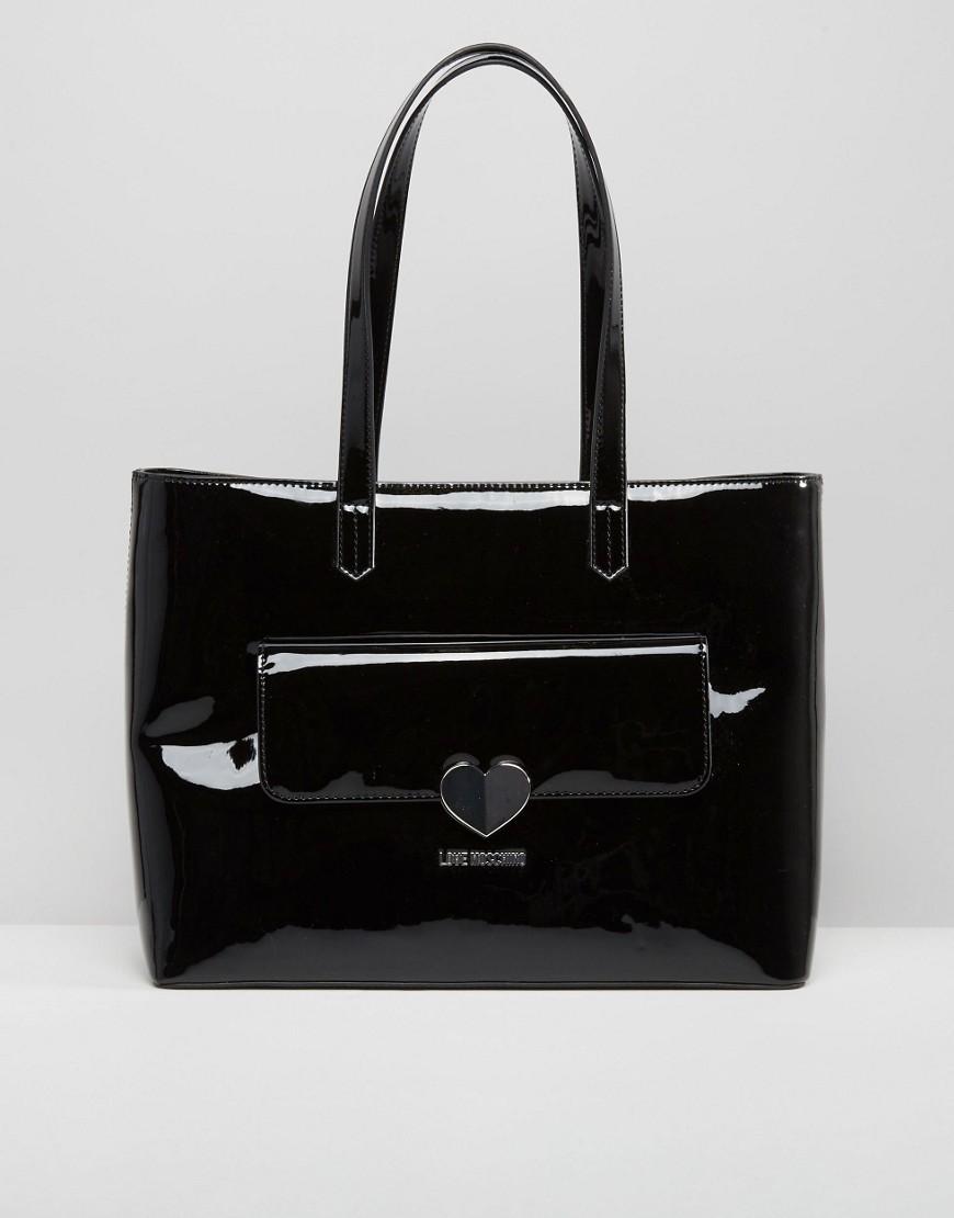lyst moschino patent shopper bag in black lyst moschino patent shopper bag in black