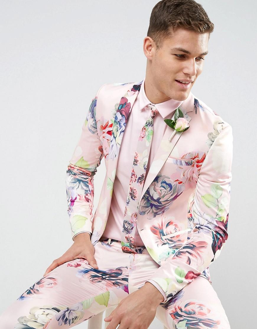 Asos Wedding Super Skinny Suit Jacket With Nude Floral Print in Pink ...