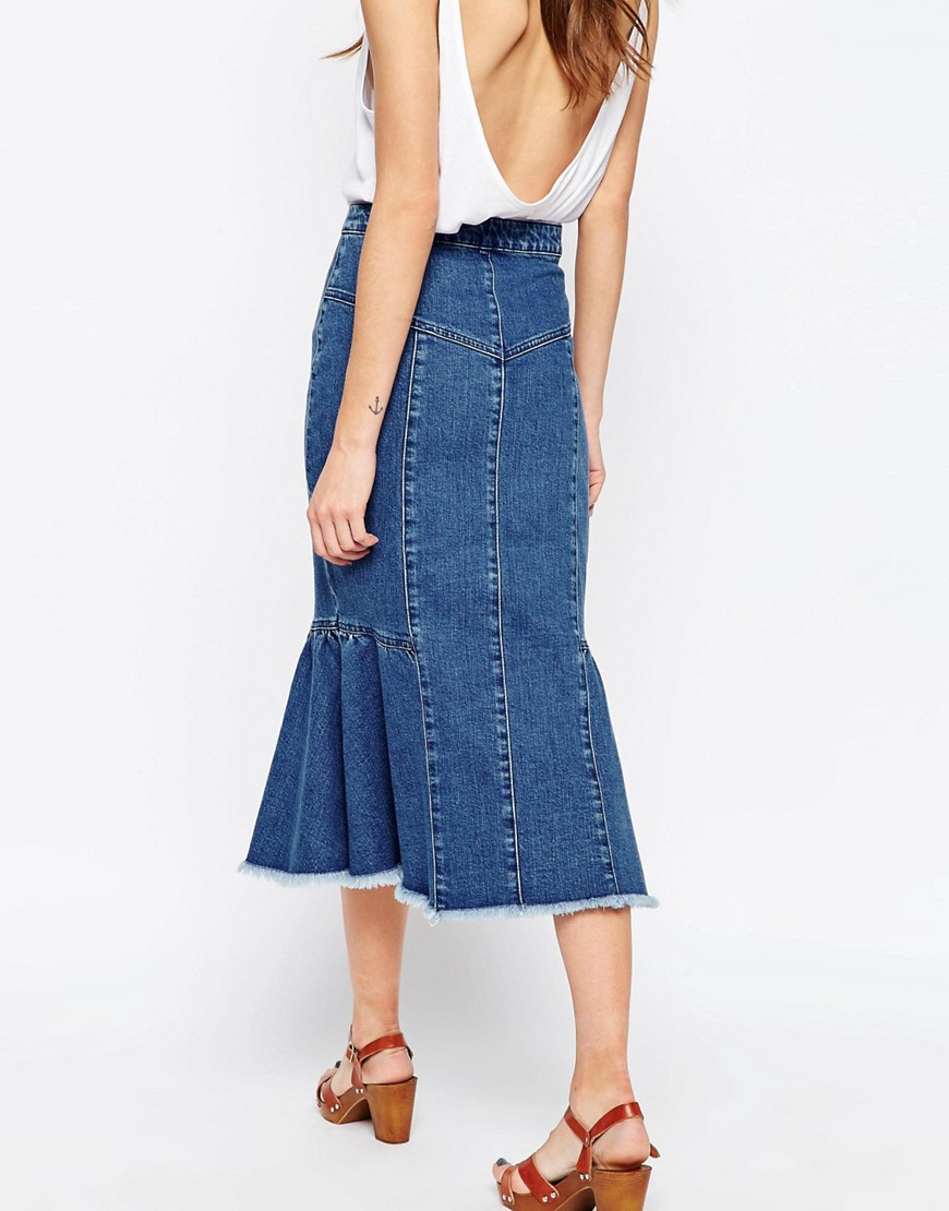 Lyst - Asos Denim Midi Skirt With Ruffle Hem