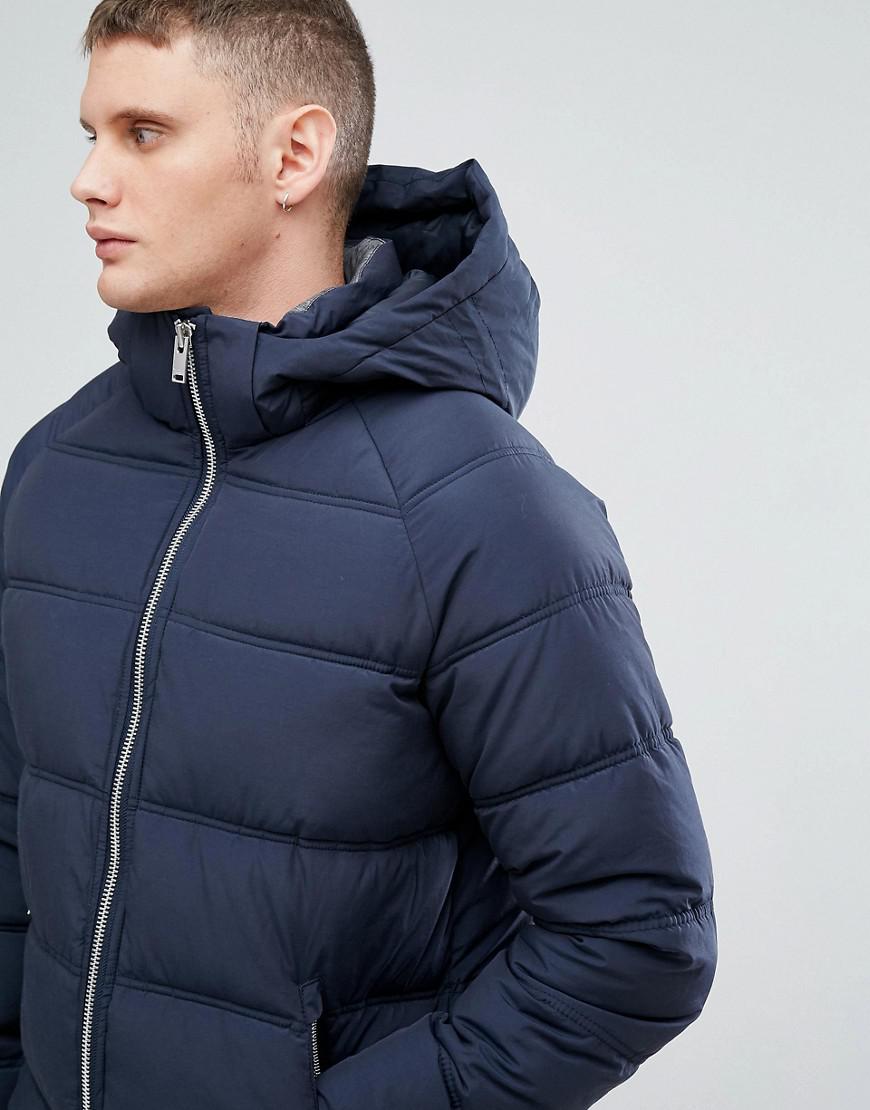 Lyst - Selected + Quilted Parka With Removable Hood in Blue for Men