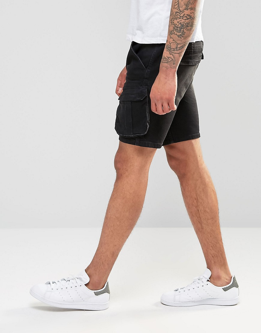 Lyst - Asos Denim Shorts In Slim Fit With Cargo Styling In Black in ...